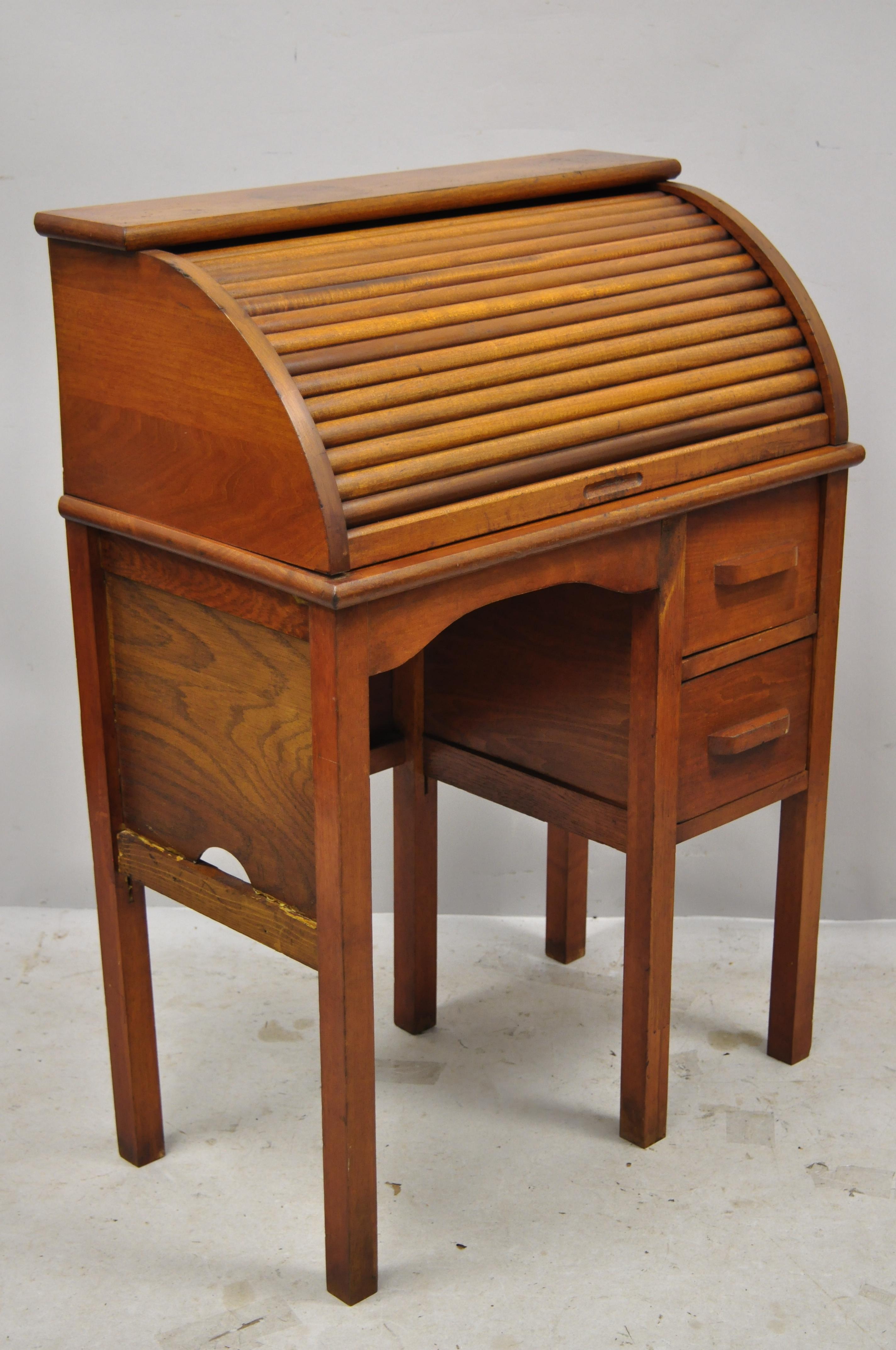 Vintage Children's Size Child's Roll Top Writing Desk and School Chairs, a Set 1