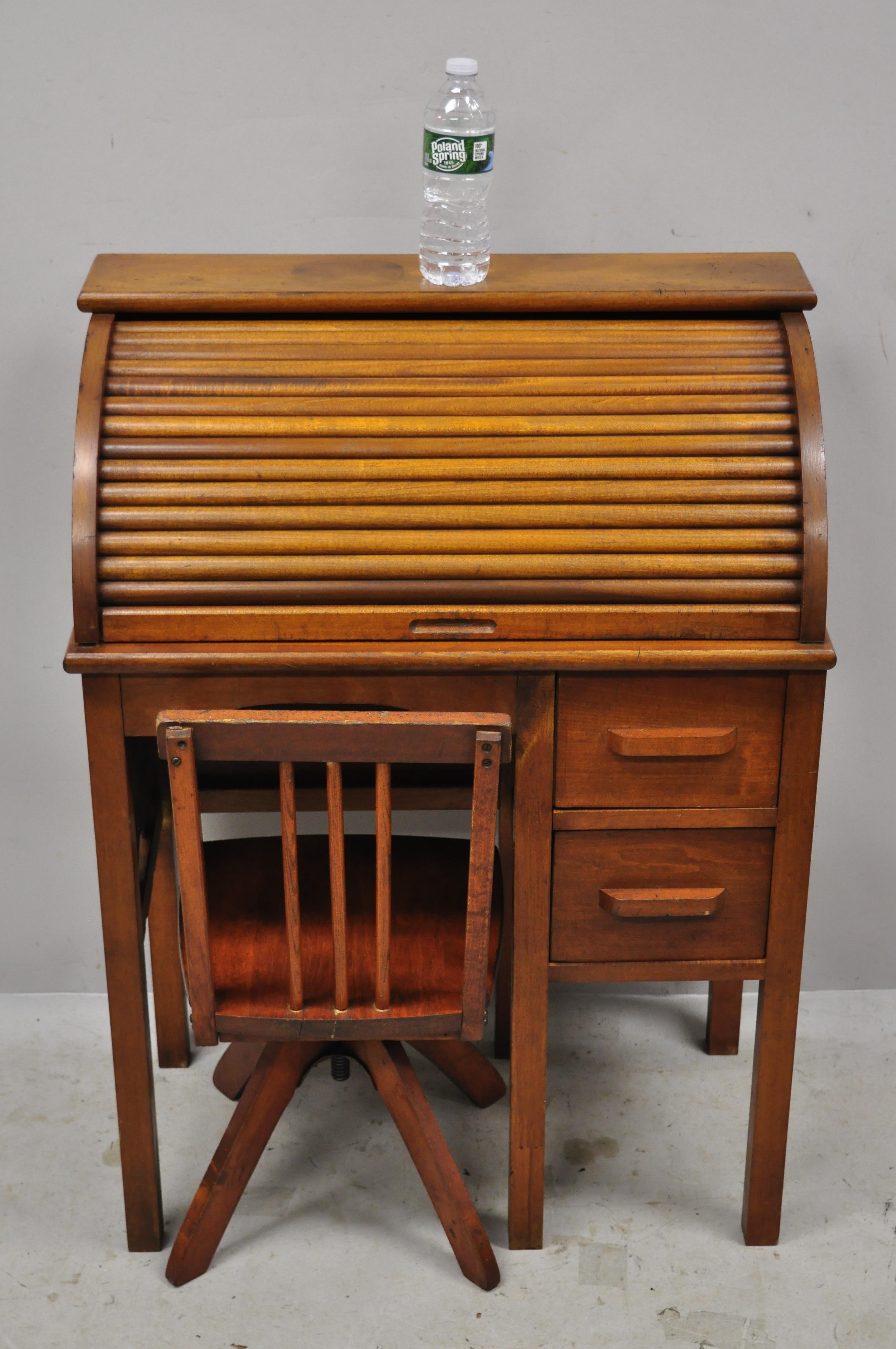 20th Century Vintage Children's Size Child's Roll Top Writing Desk and School Chairs, a Set