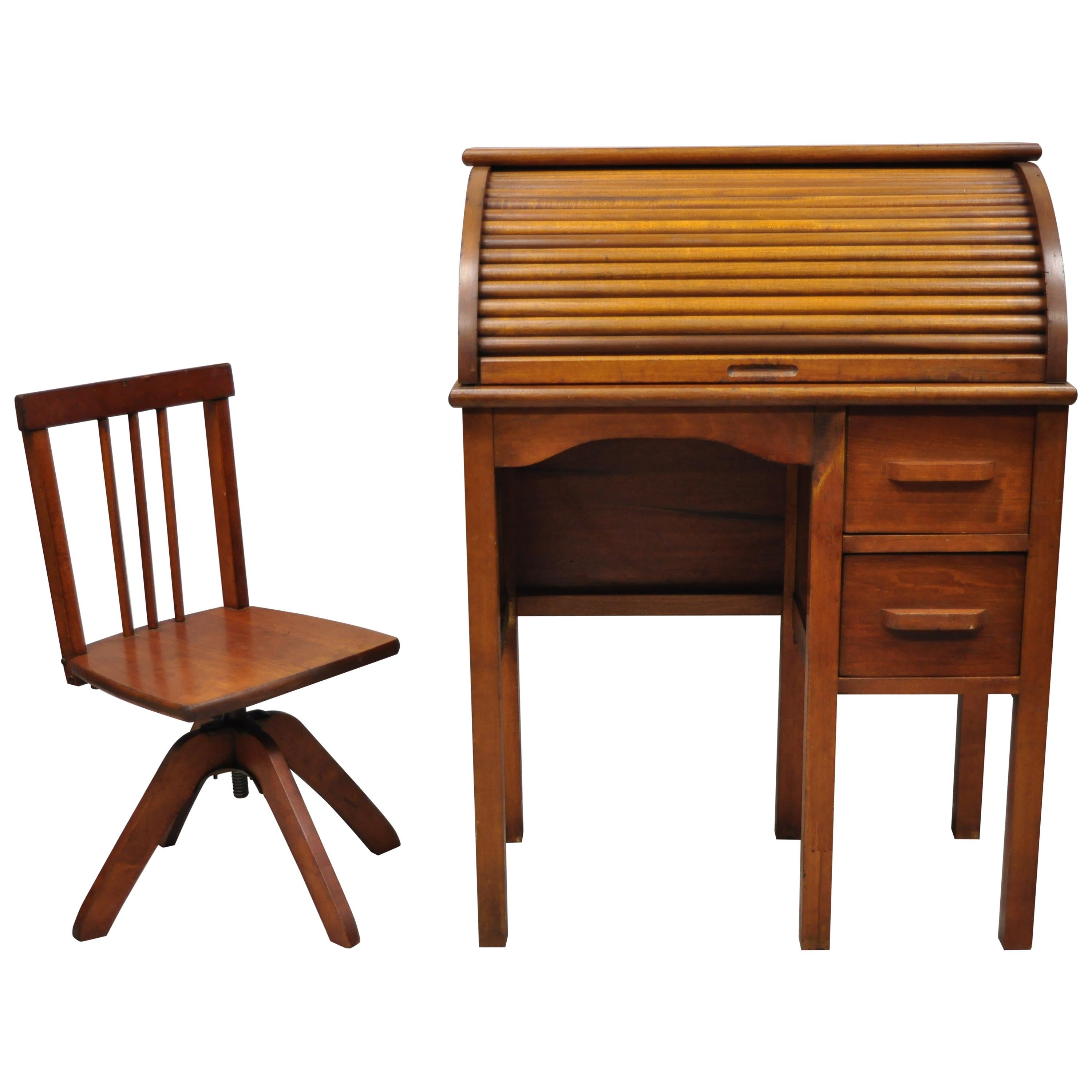 Vintage Children's Size Child's Roll Top Writing Desk and School Chairs, a  Set at 1stDibs | kids roll top desk, childs roll top desk and chair,  vintage childs roll top desk