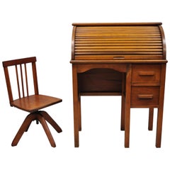 Retro Children's Size Child's Roll Top Writing Desk and School Chairs, a Set