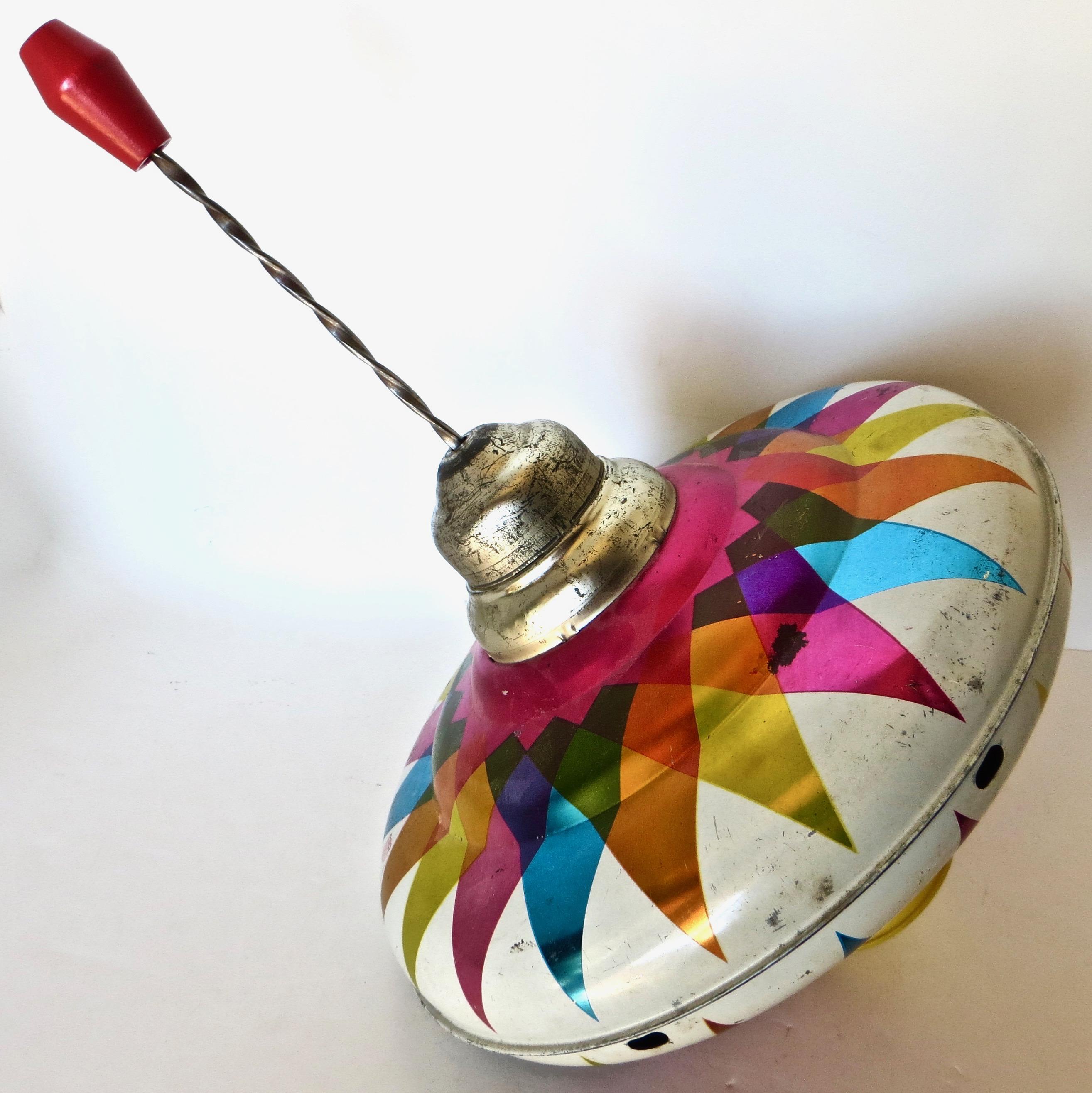 Folk Art Vintage Child's Toy Tin Large Spinning Top by Chein Company, American, Ca. 1950 For Sale