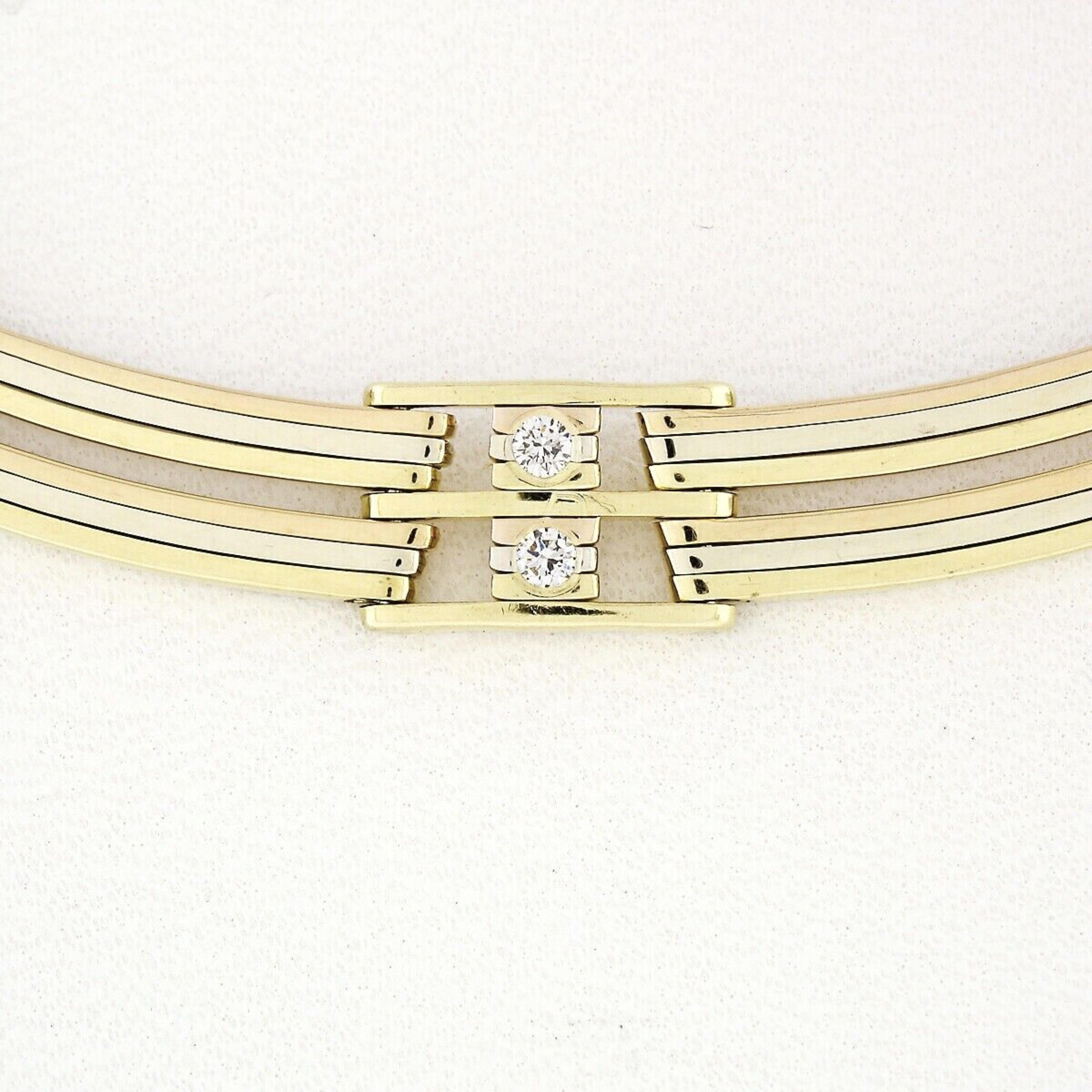 Here we have a very well and solidly made diamond collar necklace designed by Chimento in Italy and crafted in solid 18k yellow, rose and white gold throughout. The necklace features a truly unique design. It features individual perfectly covered