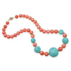 Vintage Chinese 14K Gold Coral and Carved Turquoise Bead Necklace