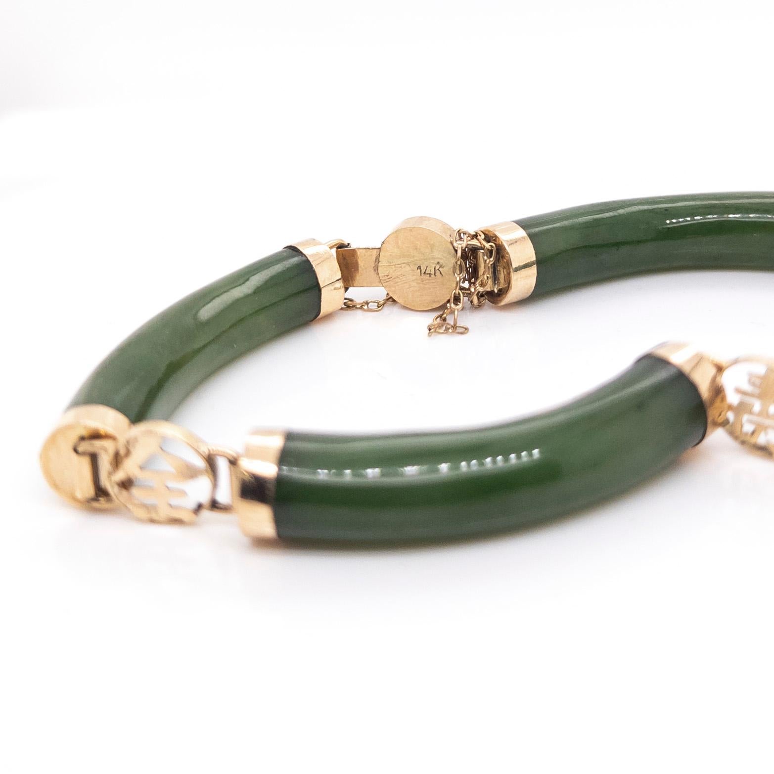 Chinesisches 14 Karat Gold- und Jade-Armband im Vintage-Stil mit glücksverheißenden Sanxing-Charakter im Angebot 7