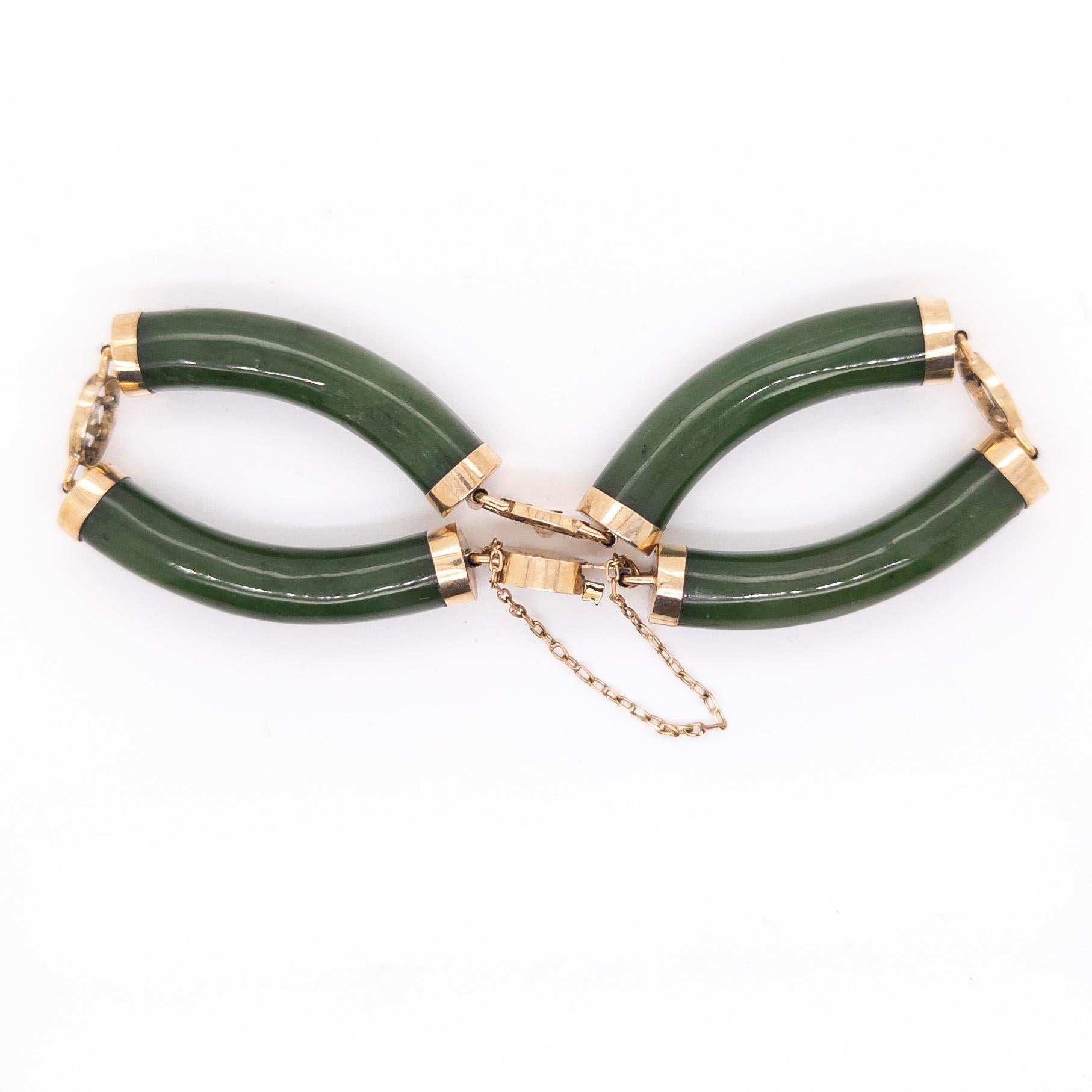Chinesisches 14 Karat Gold- und Jade-Armband im Vintage-Stil mit glücksverheißenden Sanxing-Charakter (Perle) im Angebot