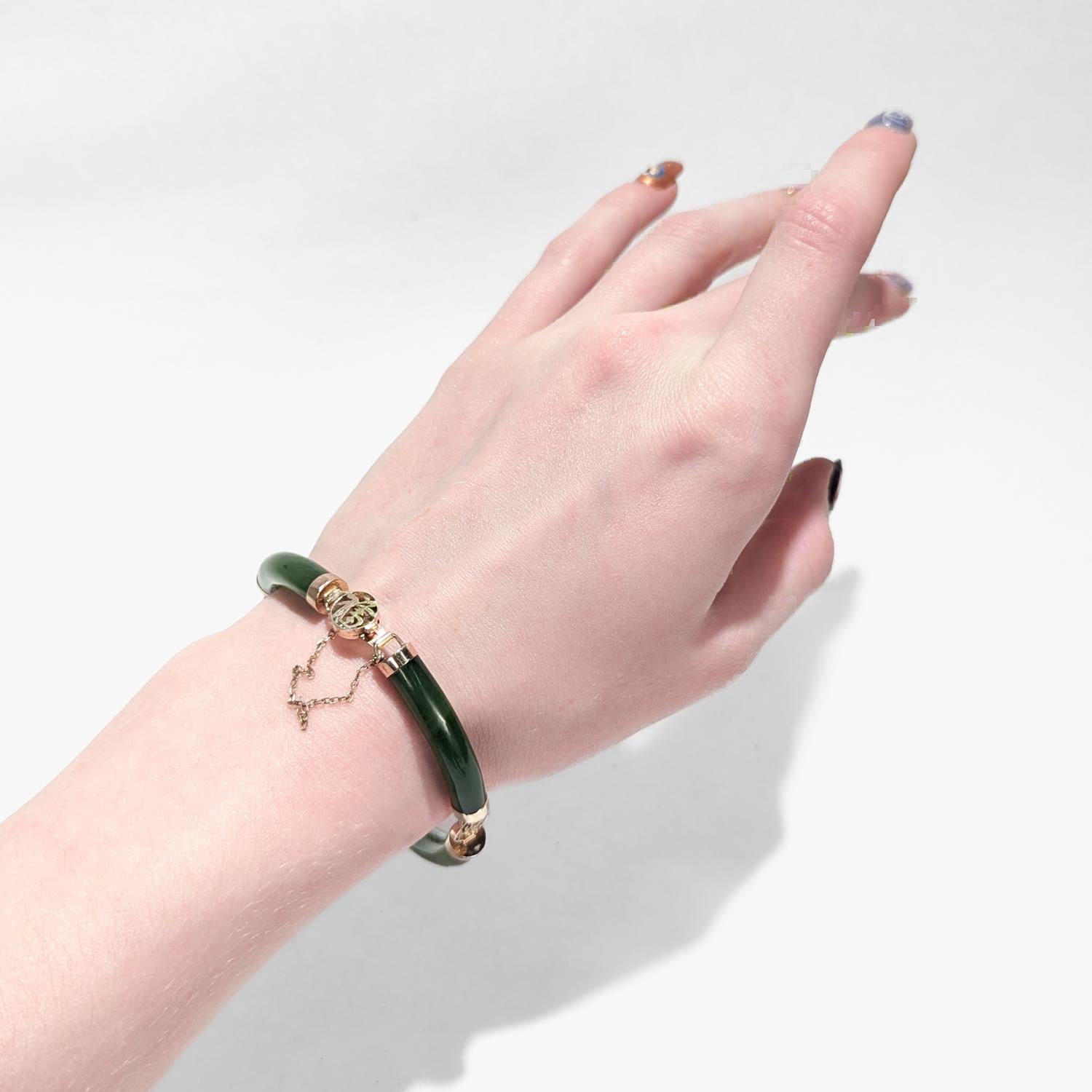Cabochon Vintage Chinese 14k Gold & Jade Bracelet with Auspicious Sanxing Characters