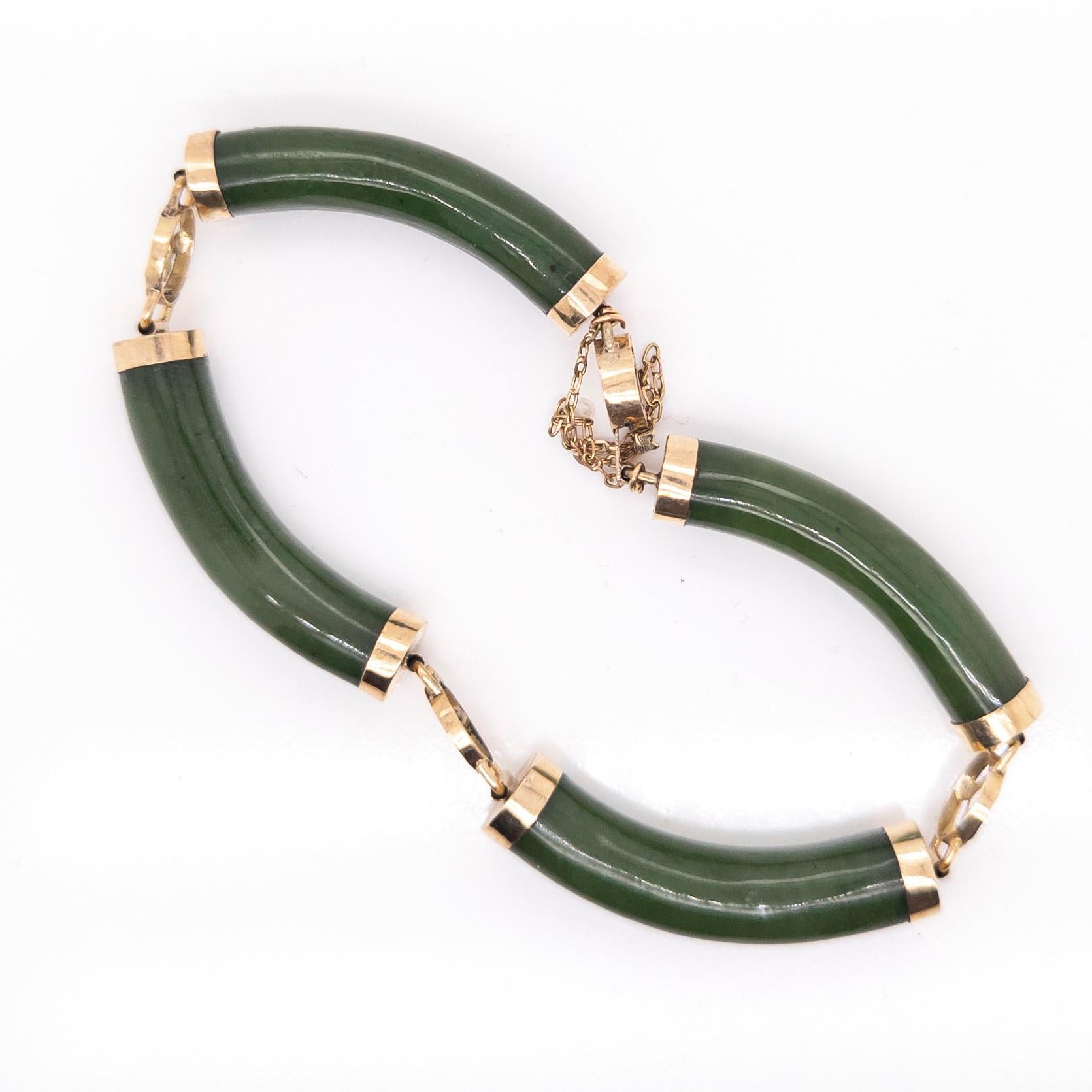 Chinesisches 14 Karat Gold- und Jade-Armband im Vintage-Stil mit glücksverheißenden Sanxing-Charakter im Angebot 1