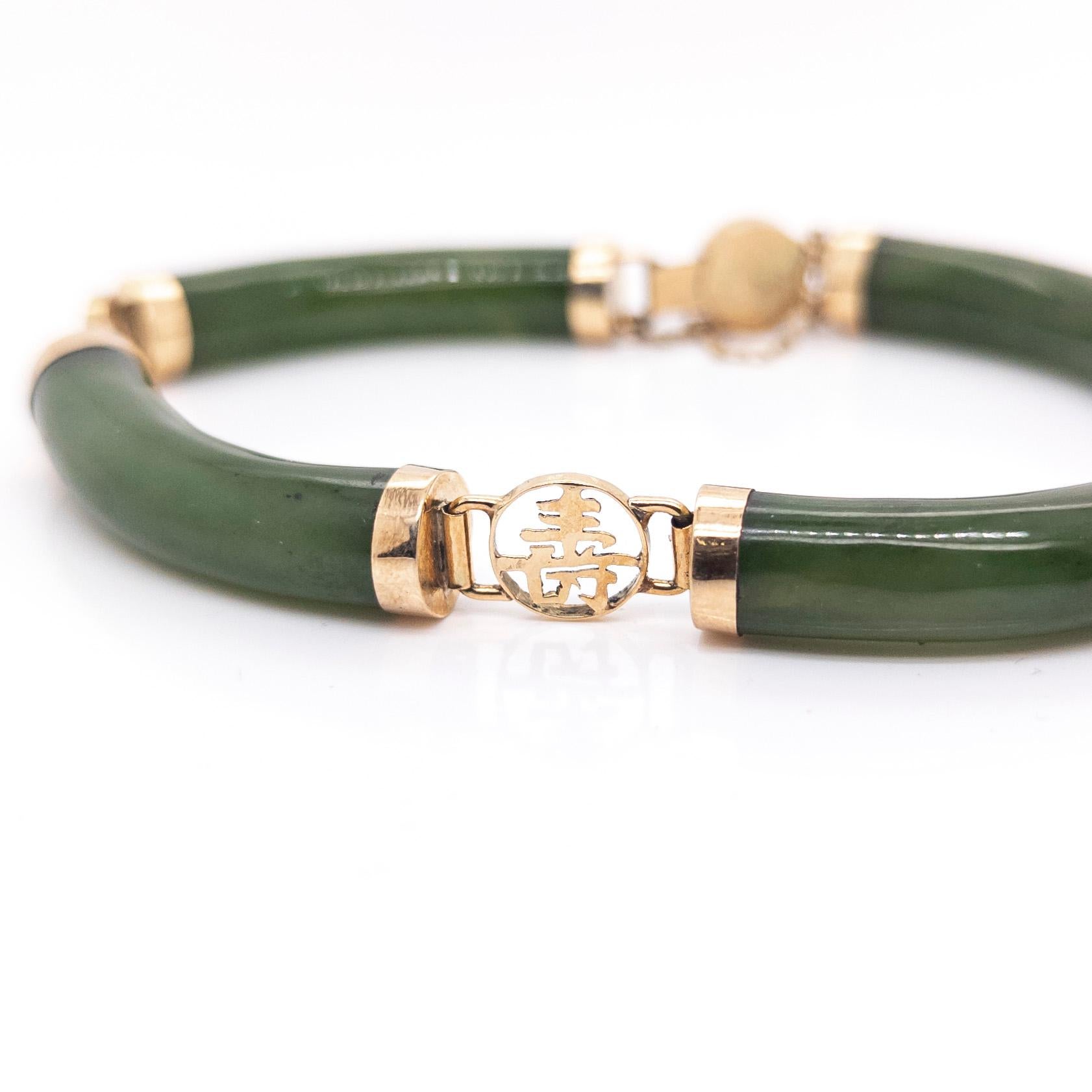 Chinesisches 14 Karat Gold- und Jade-Armband im Vintage-Stil mit glücksverheißenden Sanxing-Charakter im Angebot 2