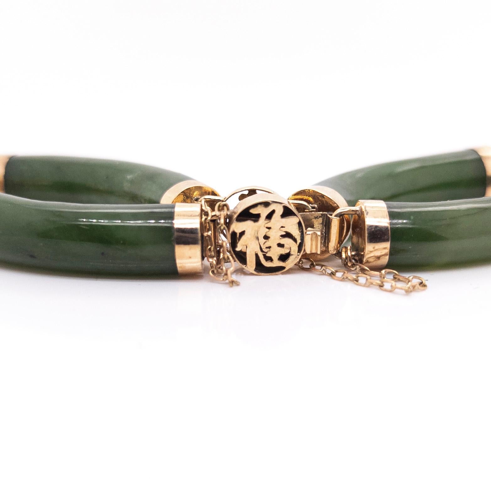 Chinesisches 14 Karat Gold- und Jade-Armband im Vintage-Stil mit glücksverheißenden Sanxing-Charakter im Angebot 3