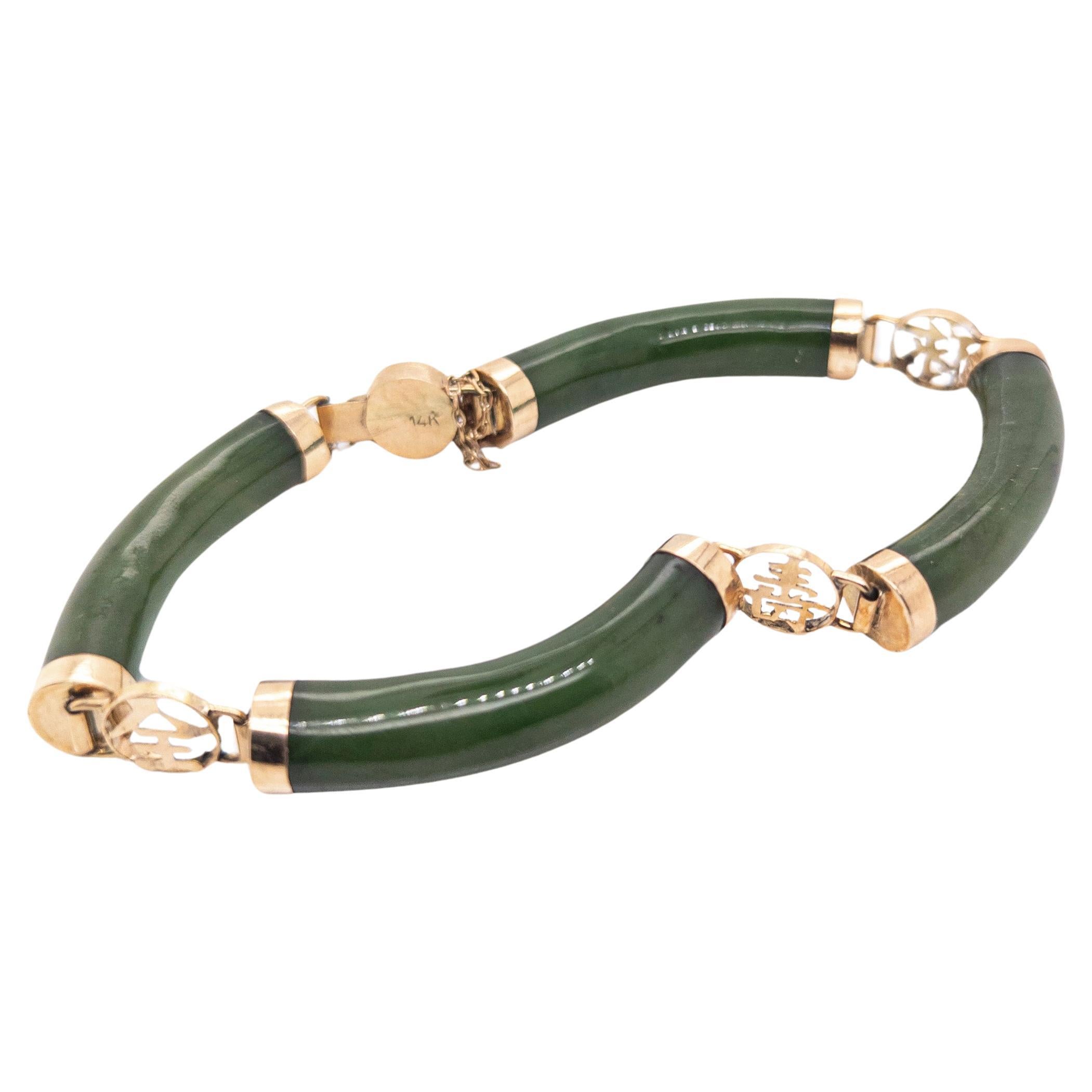 Chinesisches 14 Karat Gold- und Jade-Armband im Vintage-Stil mit glücksverheißenden Sanxing-Charakter im Angebot