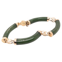 Bracelet chinois vintage en or 14k et jade avec caractères de Sanxing de bon augure