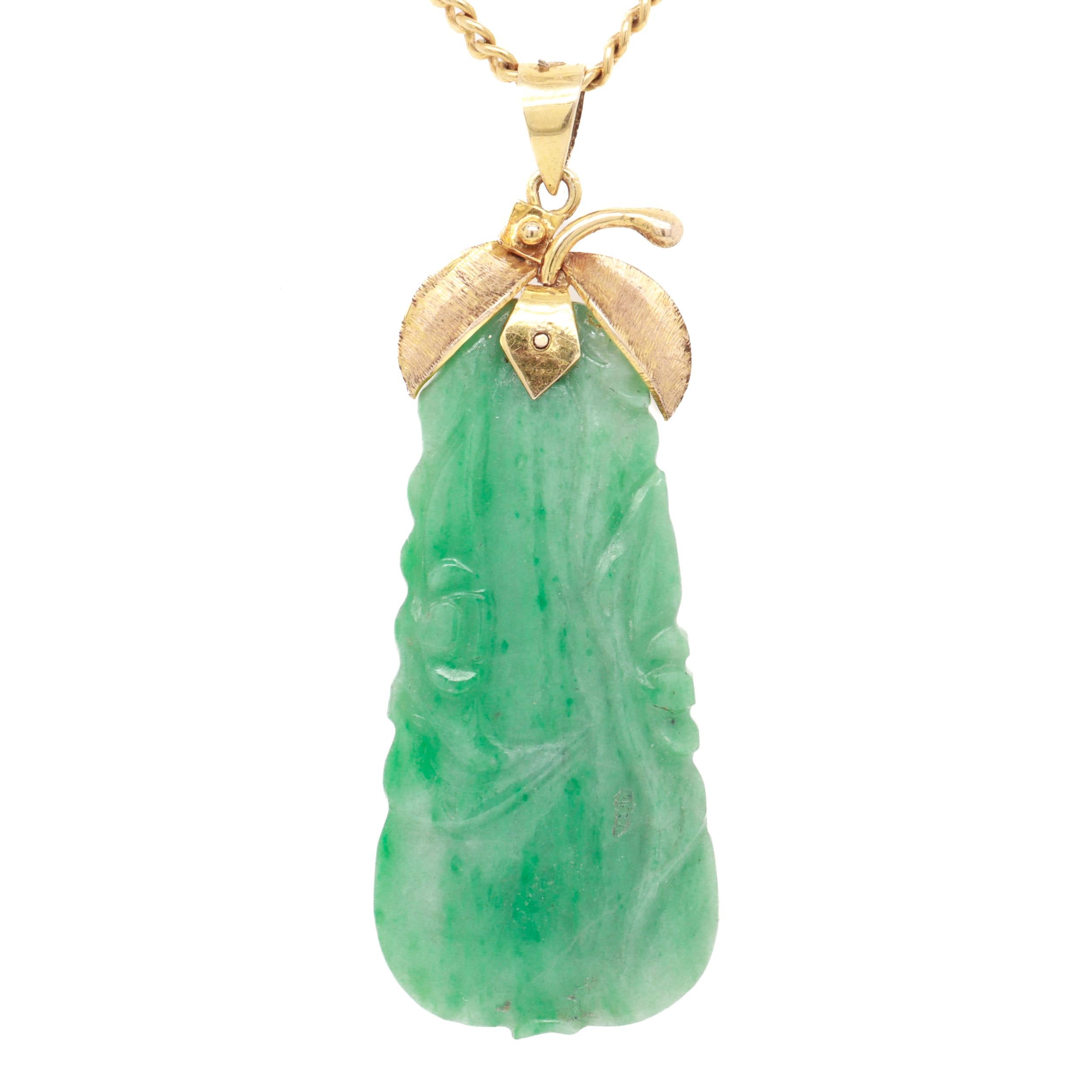 Cabochon Vintage Chinese 14k Gold & Jade Figural Plum Pendant Necklace For Sale