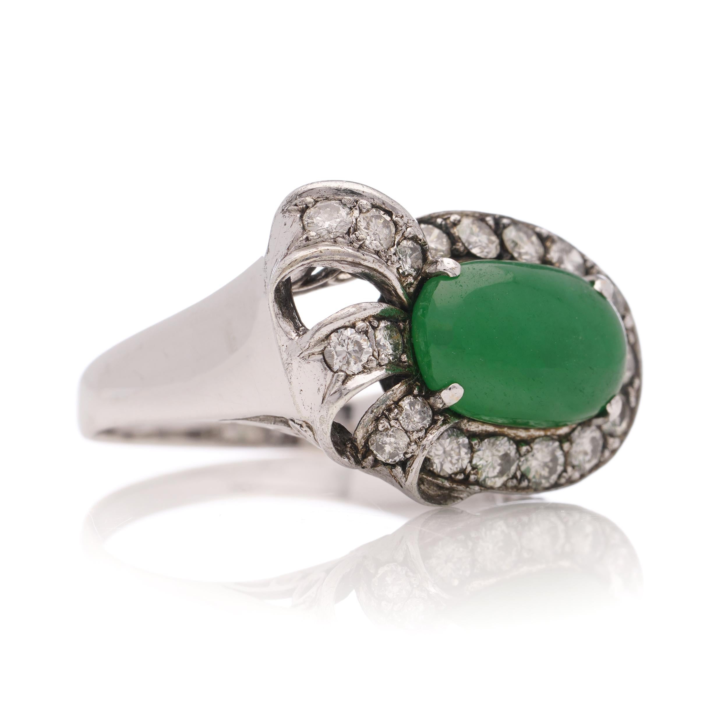 Oval Cut Vintage Chinese 18kt. white gold oval cabochon jade and diamond ladies' ring For Sale
