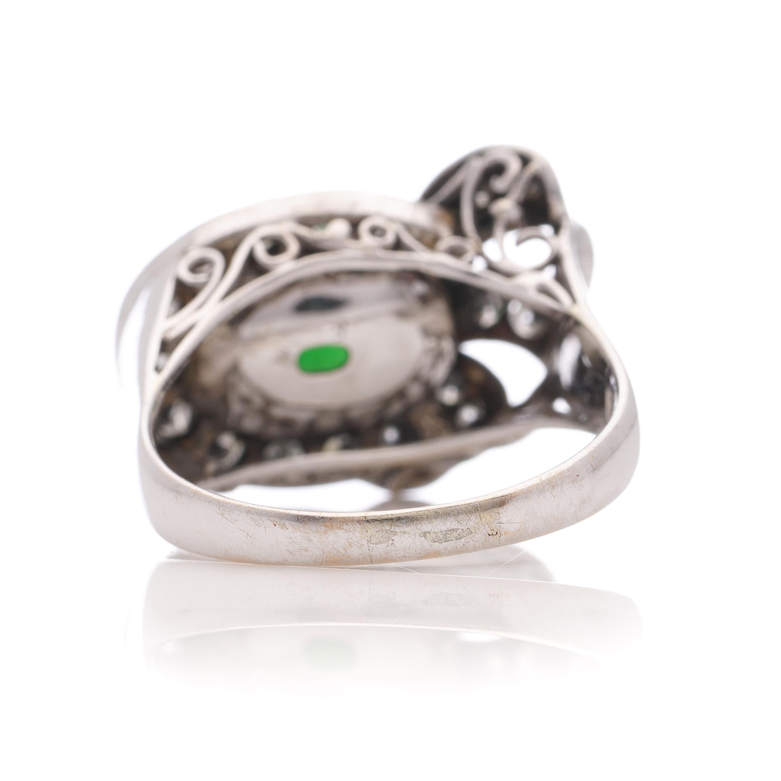 Women's Vintage Chinese 18kt. white gold oval cabochon jade and diamond ladies' ring For Sale