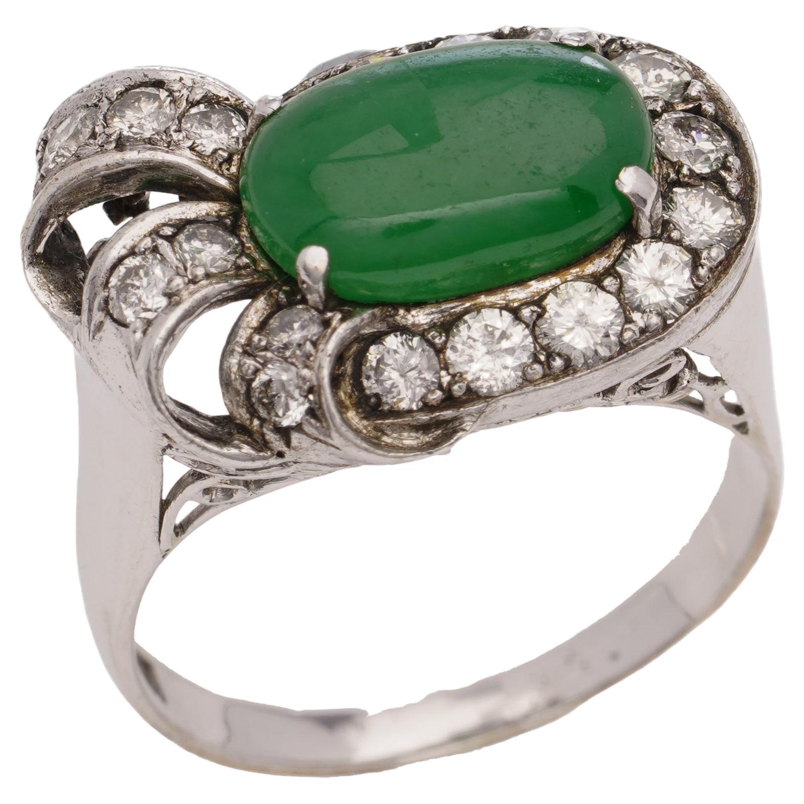 Vintage Chinese 18kt. white gold oval cabochon jade and diamond ladies' ring For Sale