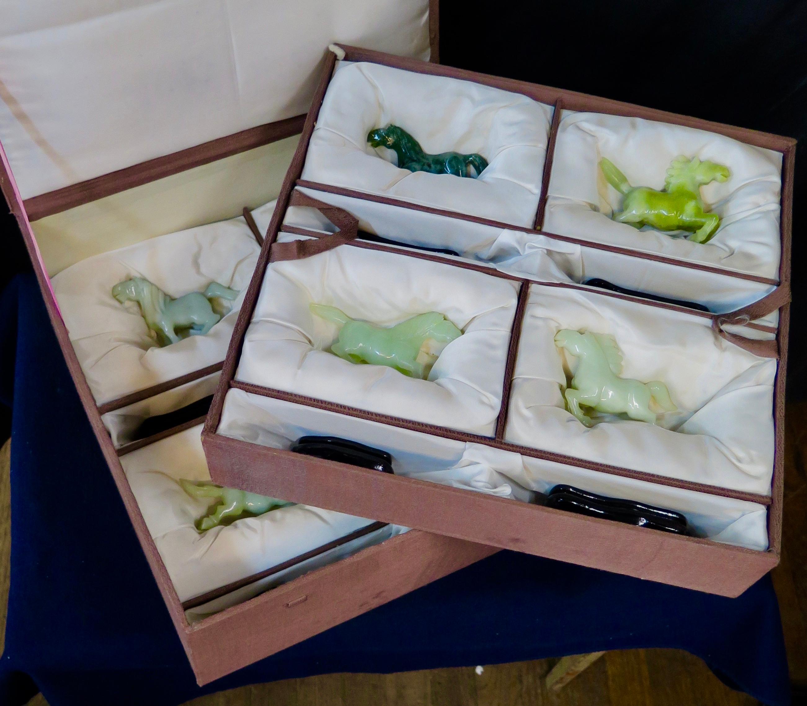 Vintage Chinese 1920s Collector's Box Set of Eight Jade Stallions For Sale 7
