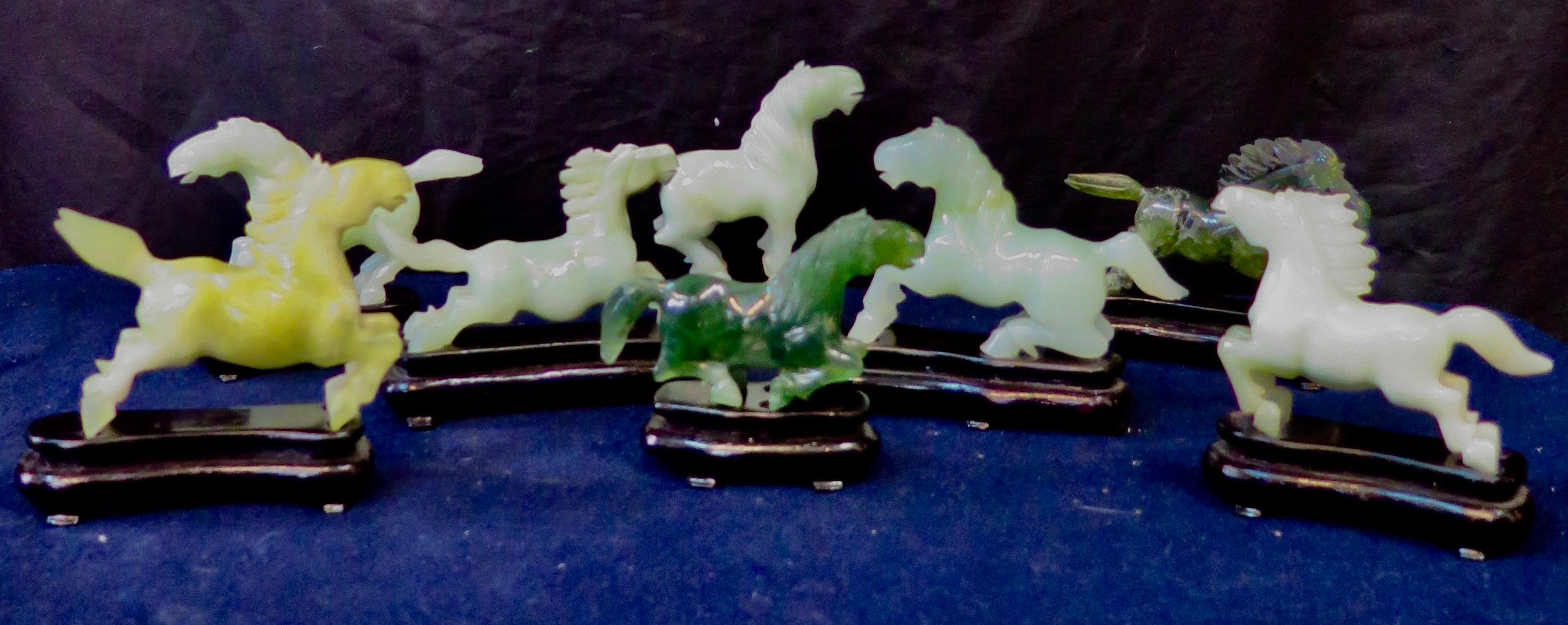Carved Vintage Chinese 1920s Collector's Box Set of Eight Jade Stallions For Sale