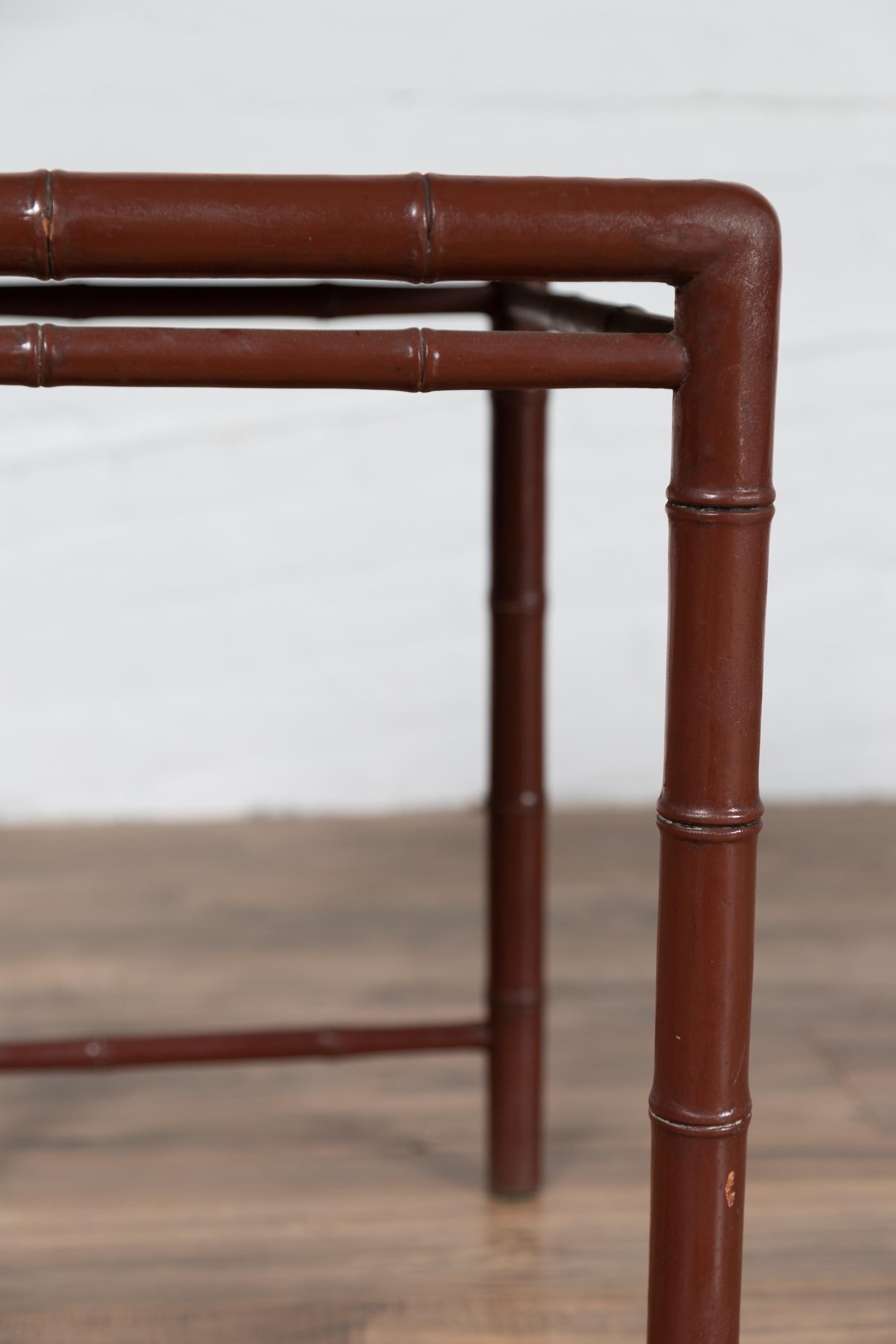 Minimalist Vintage Bamboo Side Table with Reddish-Brown Patina and Recessed Top For Sale 5
