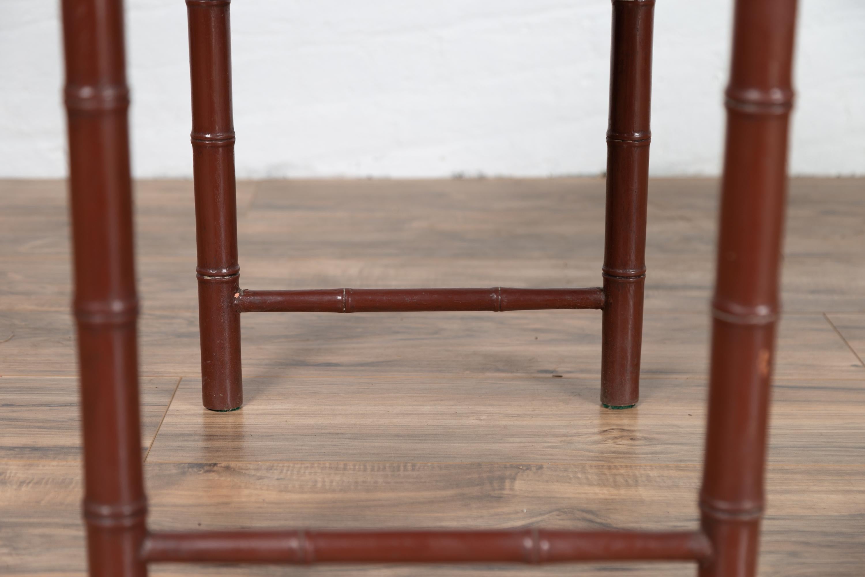 Minimalist Vintage Bamboo Side Table with Reddish-Brown Patina and Recessed Top For Sale 6