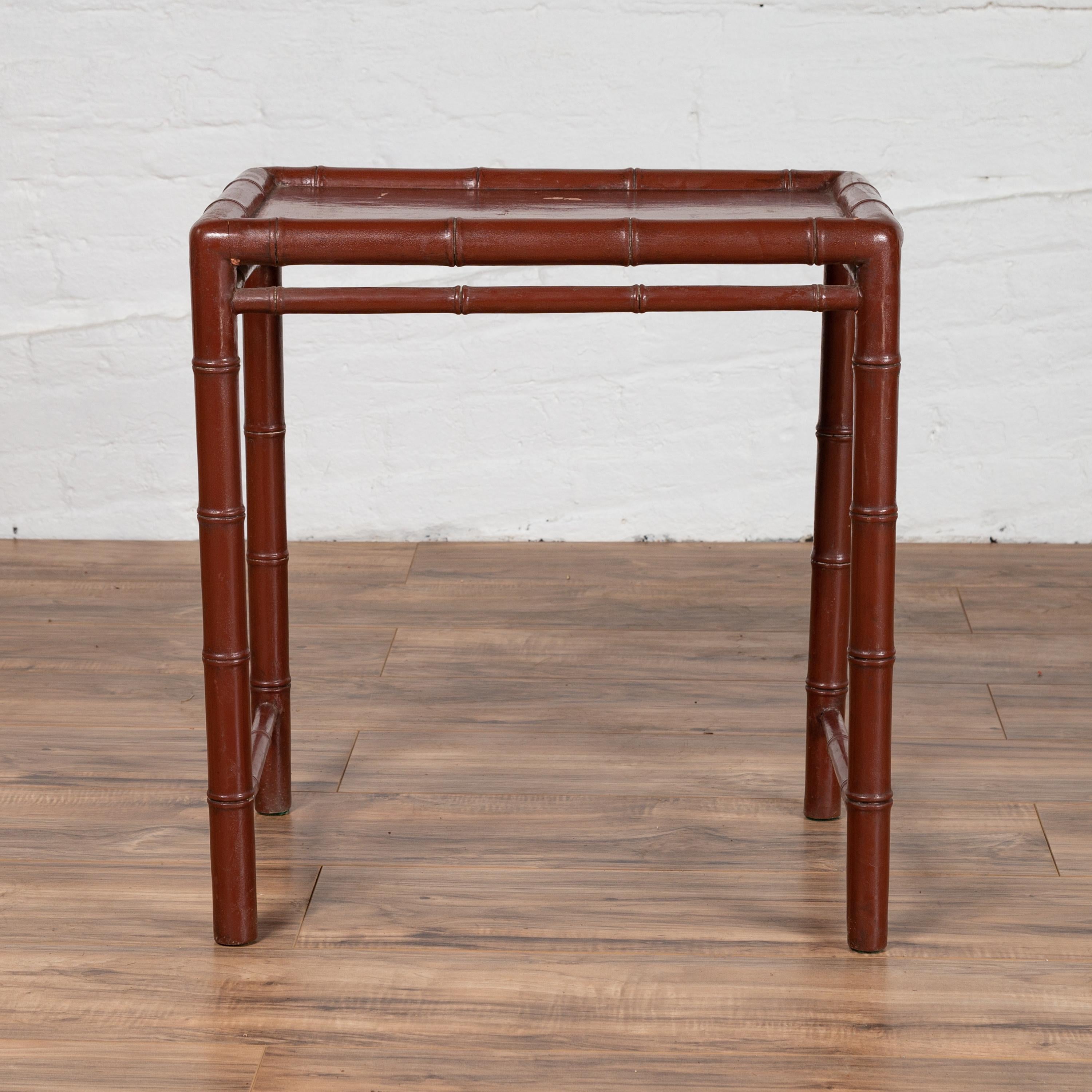 Minimalist Vintage Bamboo Side Table with Reddish-Brown Patina and Recessed Top For Sale 7
