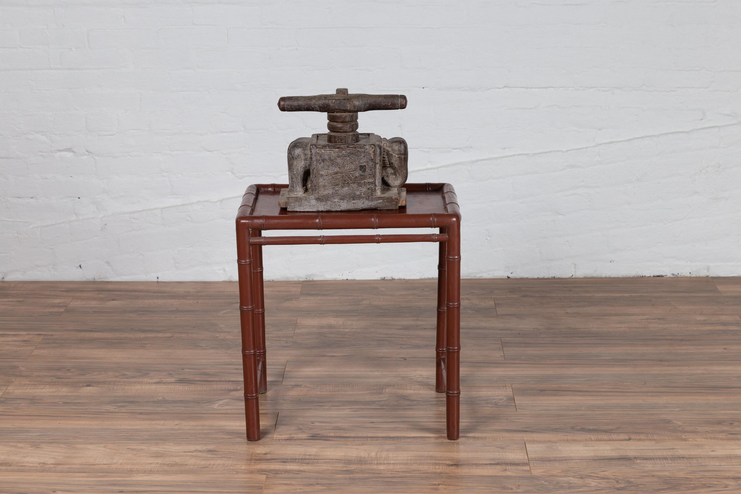 Vintage Chinese 1950s Bamboo Side Table with Brownish Patina and Recessed Top For Sale 9