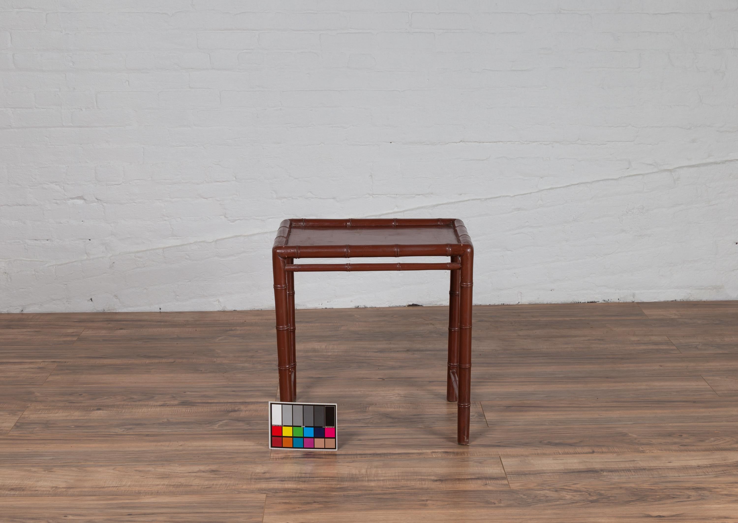 Vintage Chinese 1950s Bamboo Side Table with Brownish Patina and Recessed Top For Sale 10