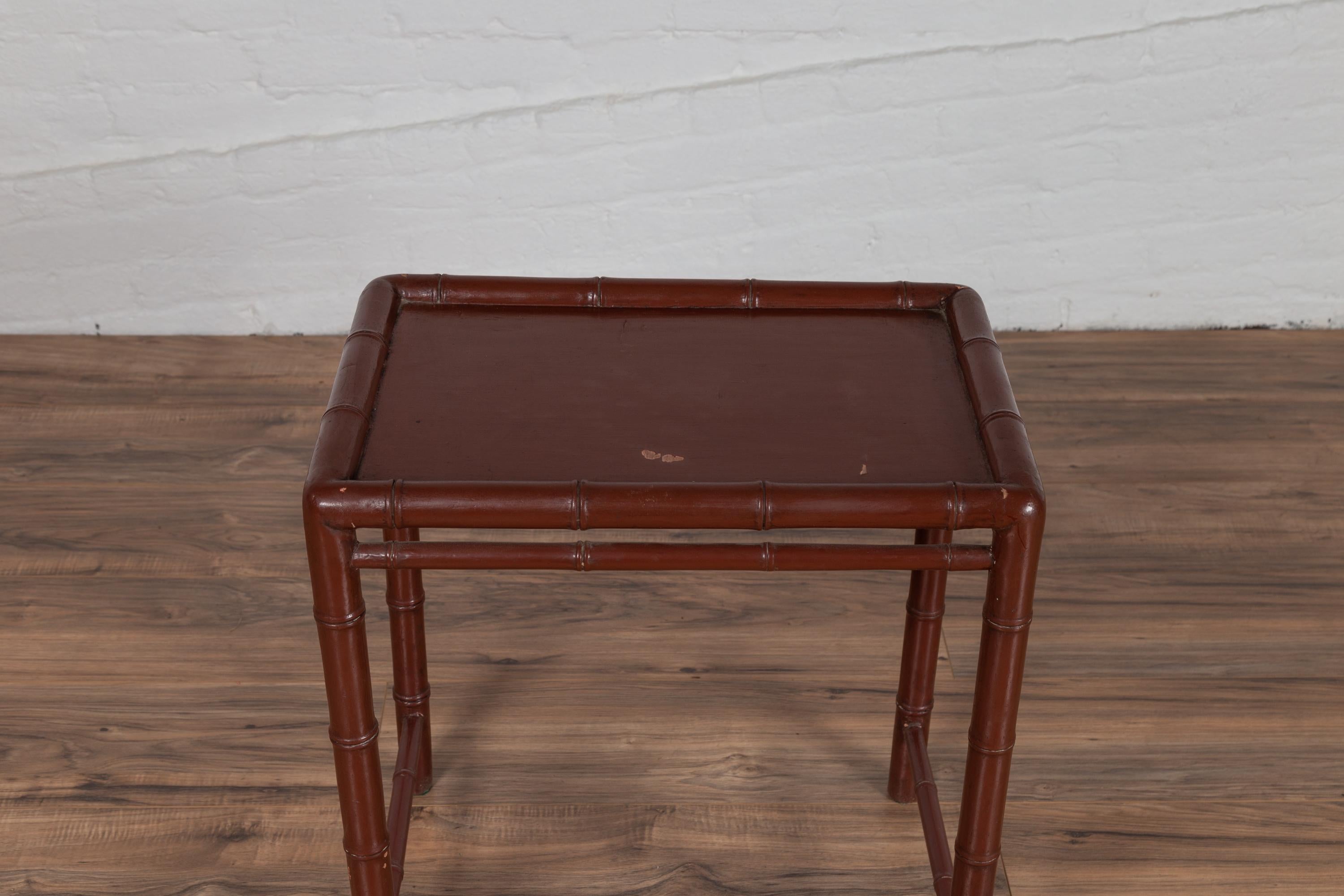 Vintage Chinese 1950s Bamboo Side Table with Brownish Patina and Recessed Top In Good Condition For Sale In Yonkers, NY