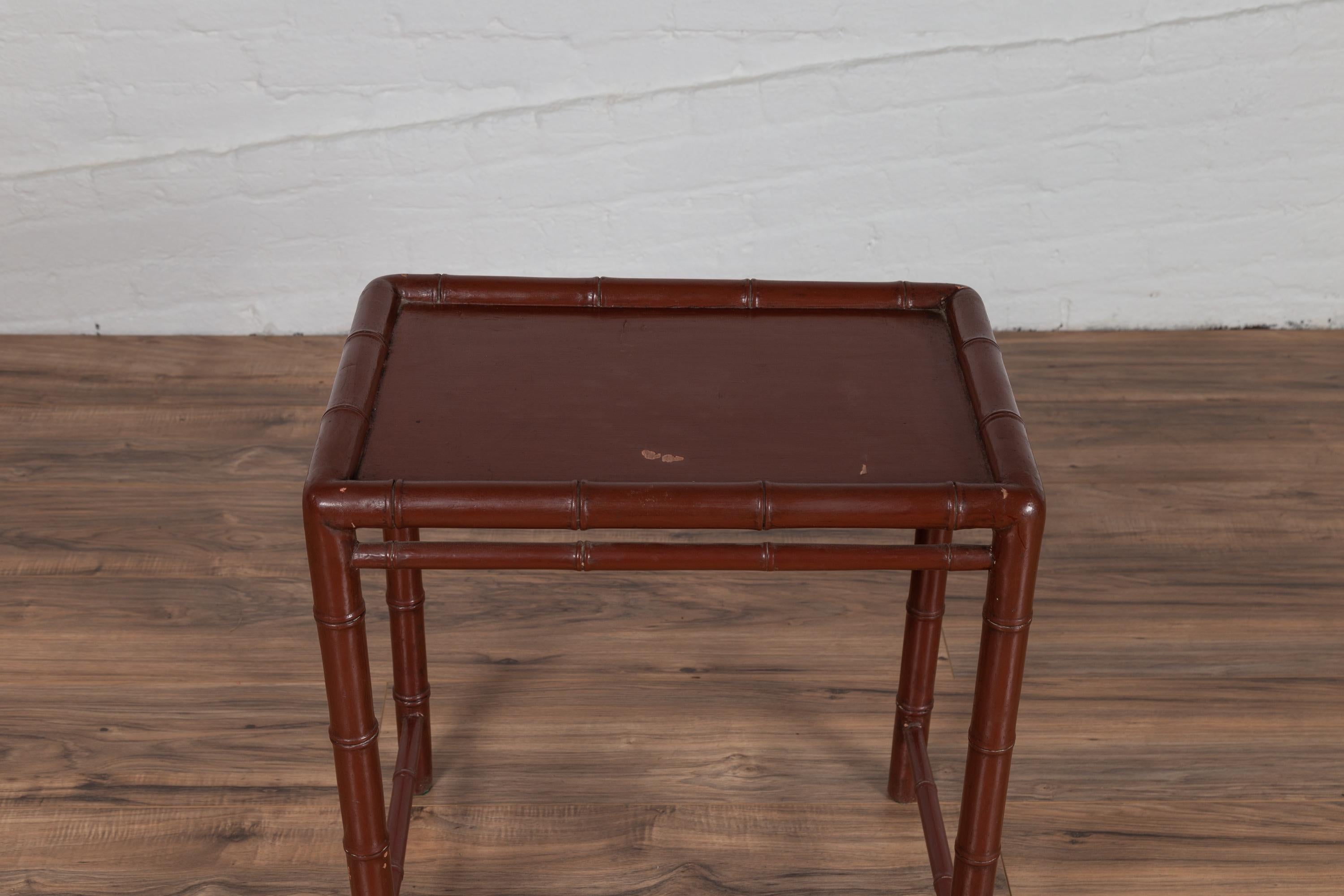 Chinese Minimalist Vintage Bamboo Side Table with Reddish-Brown Patina and Recessed Top For Sale