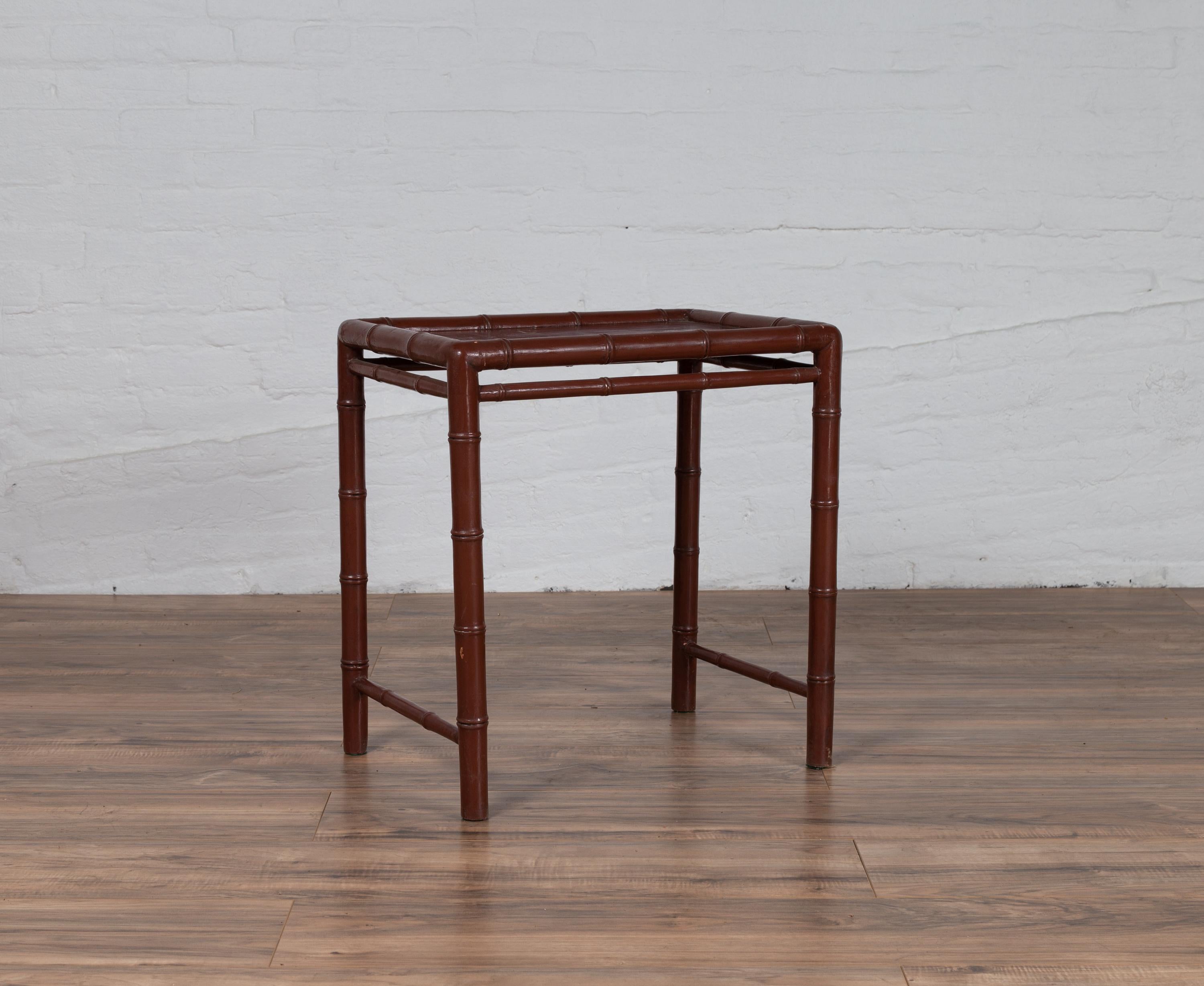 20th Century Vintage Chinese 1950s Bamboo Side Table with Brownish Patina and Recessed Top For Sale