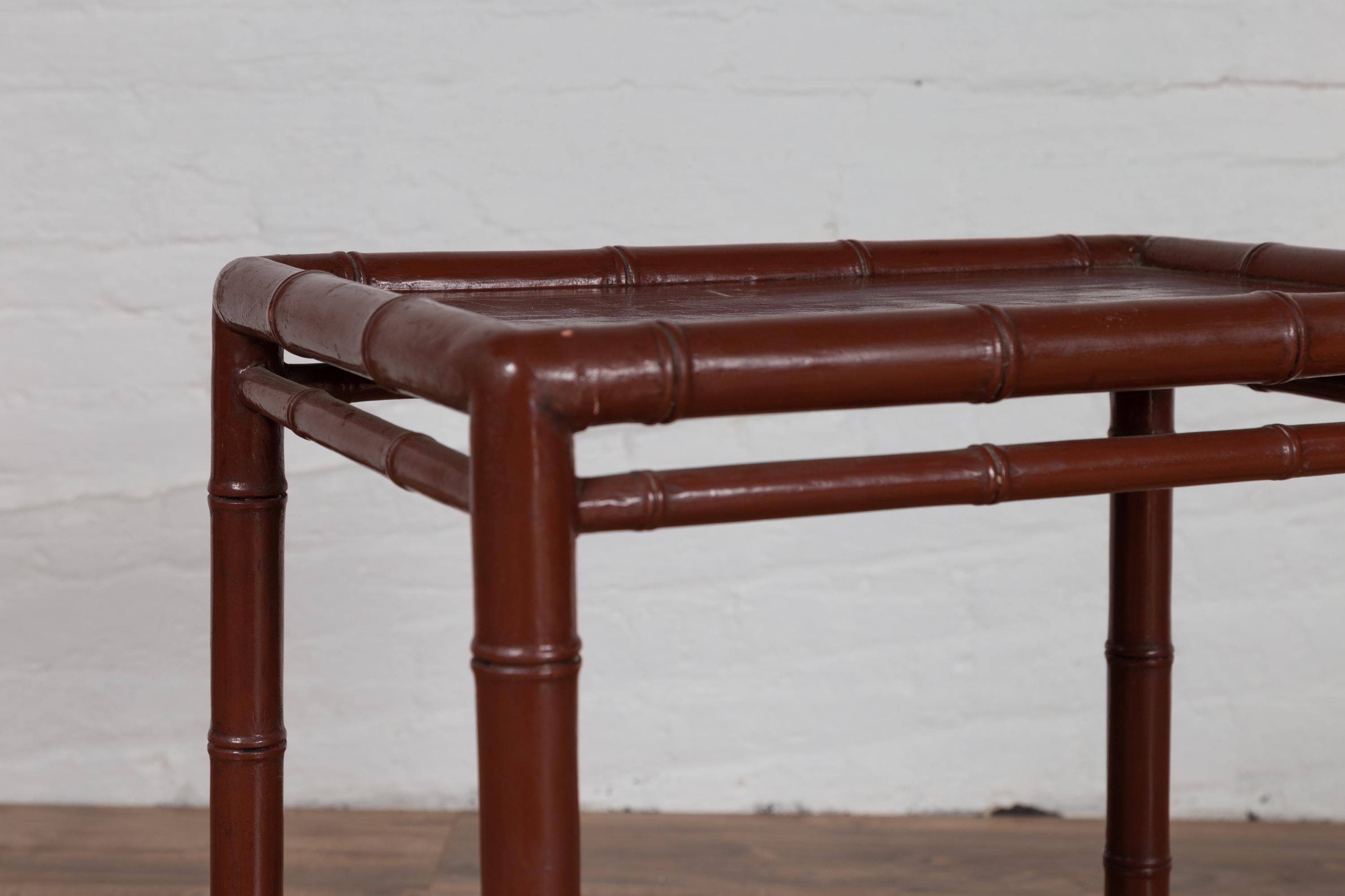 20th Century Minimalist Vintage Bamboo Side Table with Reddish-Brown Patina and Recessed Top For Sale