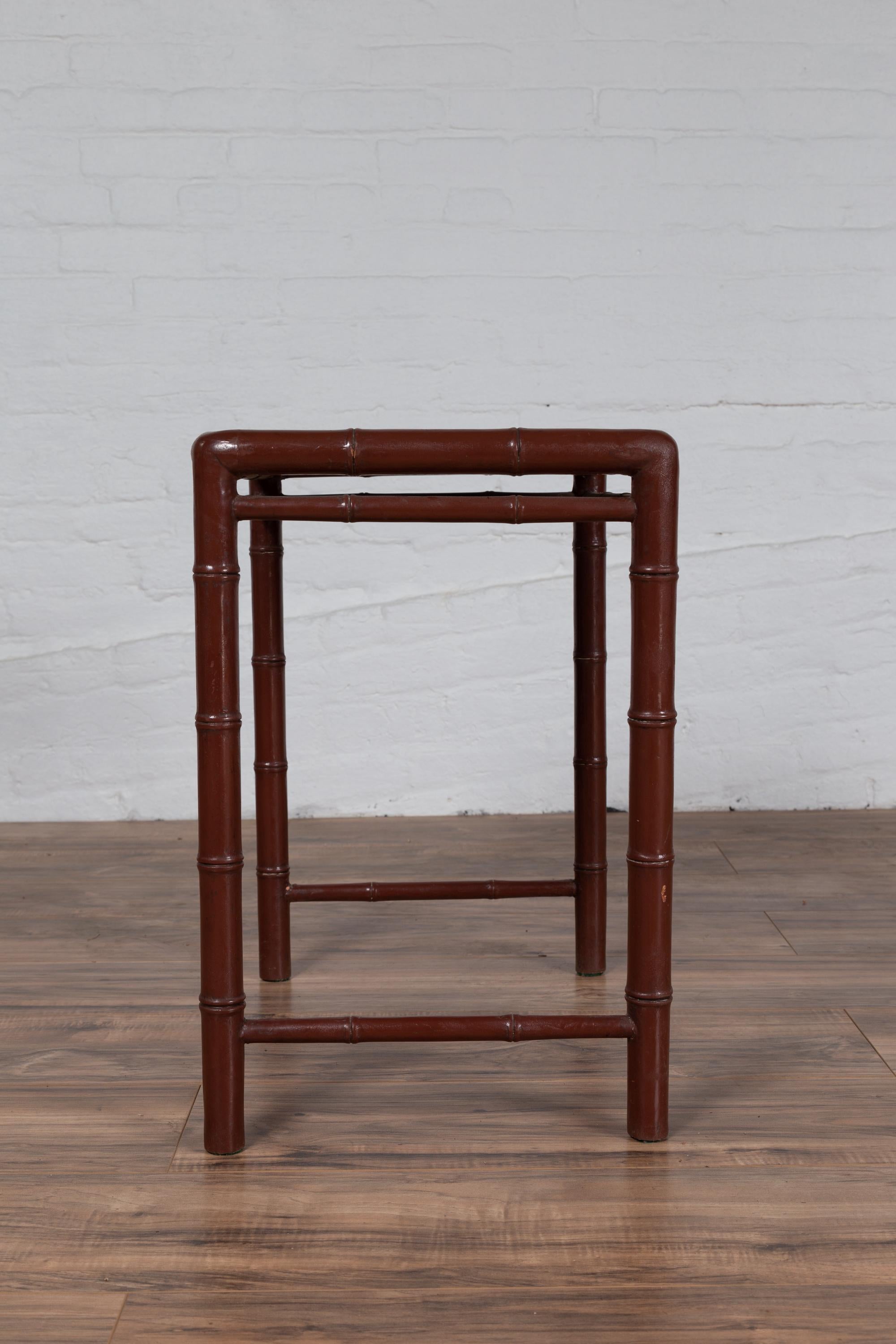 Minimalist Vintage Bamboo Side Table with Reddish-Brown Patina and Recessed Top For Sale 3