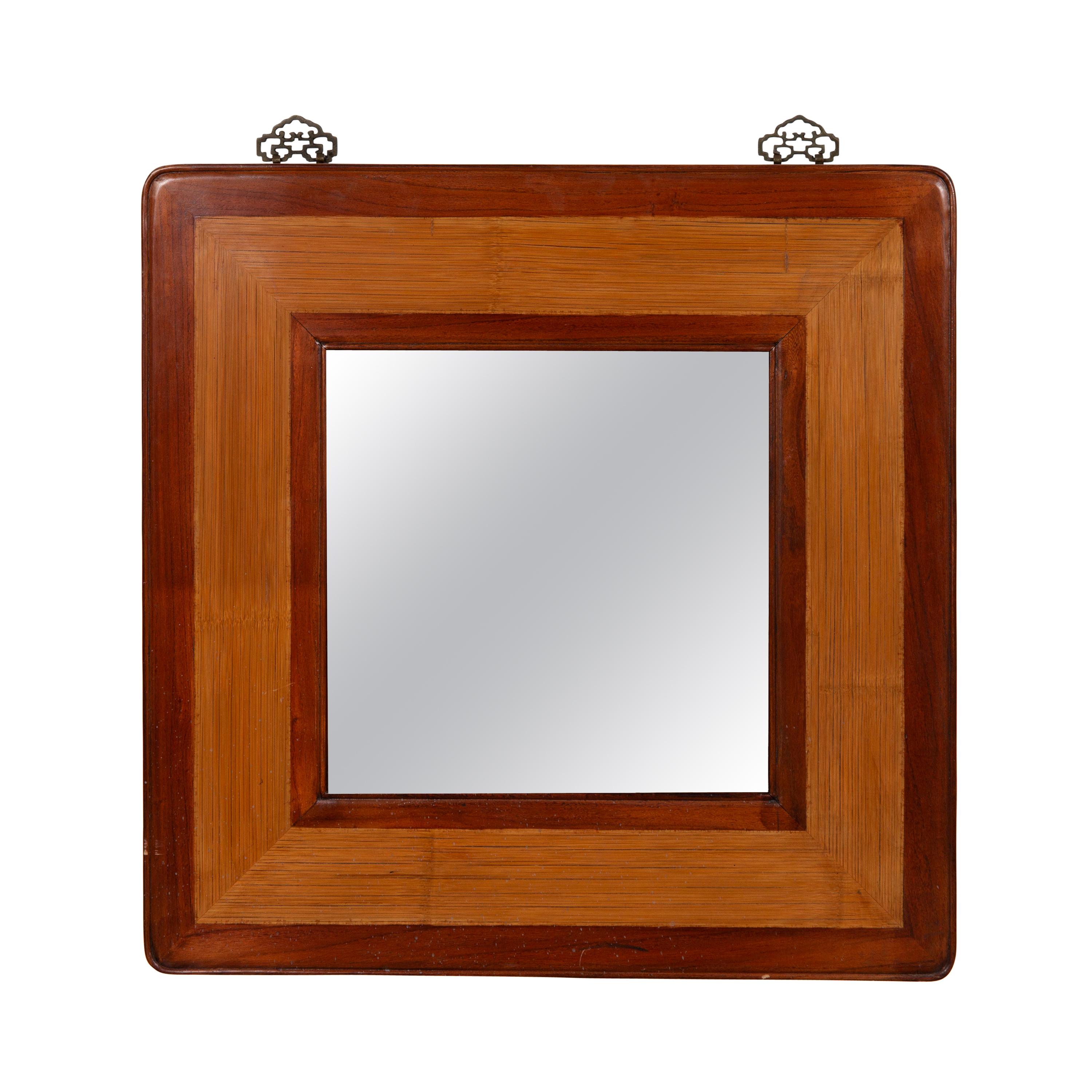 Vintage Chinese 1950s Two-Toned Elm and Rattan Square Mirror with Beveled Glass For Sale