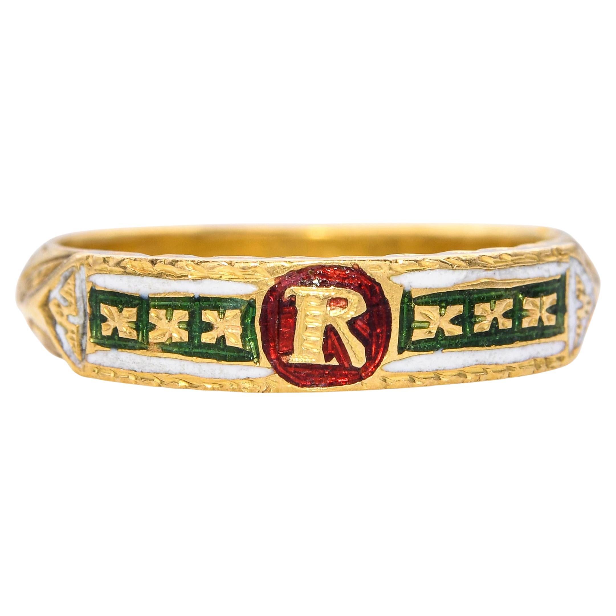 Vintage Chinese 21k Yellow Gold Enamel R Initial Ring
