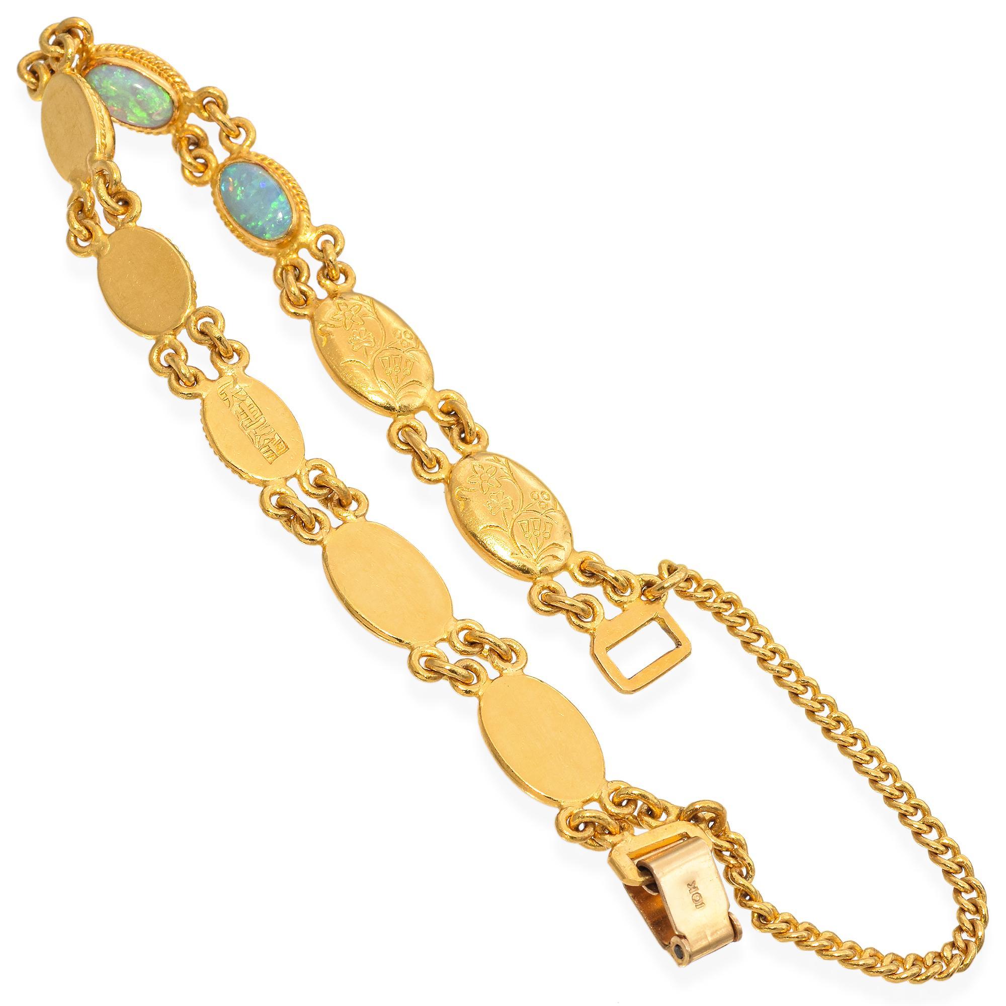 Cabochon Vintage Chinese 24k Yellow Gold Opal Bracelet