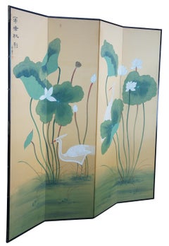 Vintage Chinese 4 Panel Silk Screen Herons Hunting Water Lily Pond Cranes Byobu