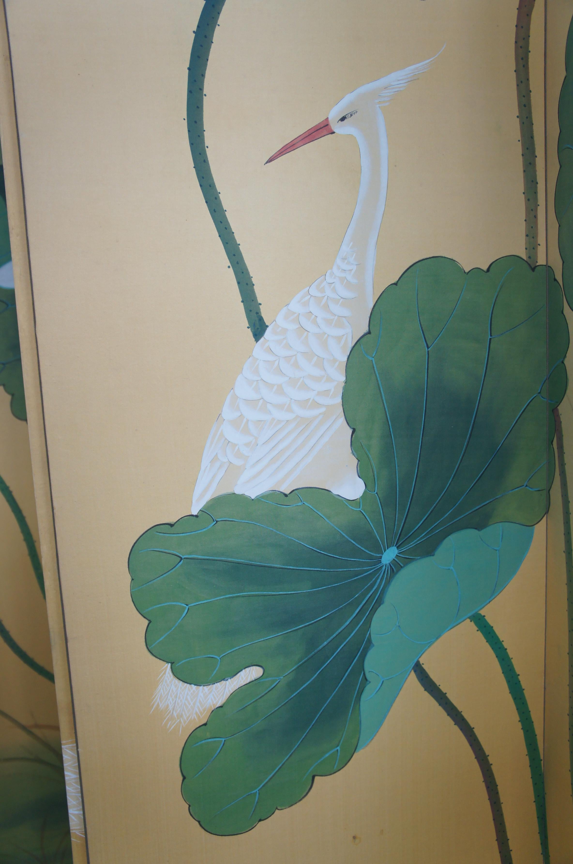 Vintage Chinese 4 Panel Silk Screen Herons Hunting Water Lily Pond Cranes Byobu 2