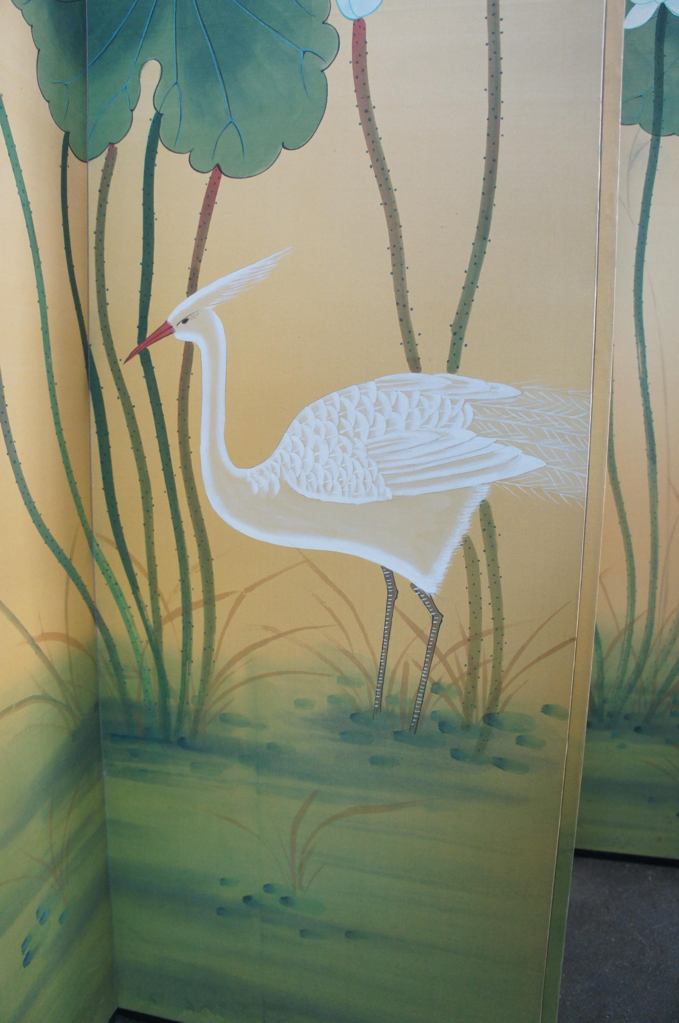 Vintage Chinese 4 Panel Silk Screen Herons Hunting Water Lily Pond Cranes Byobu 3