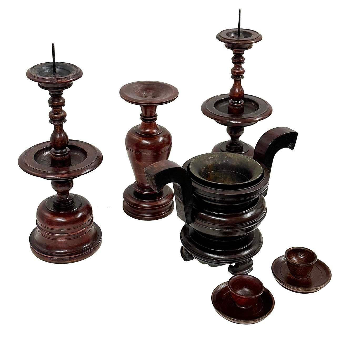 Vintage Chinese 6 pieces Wooden Buddhist Offering Set For Sale 11