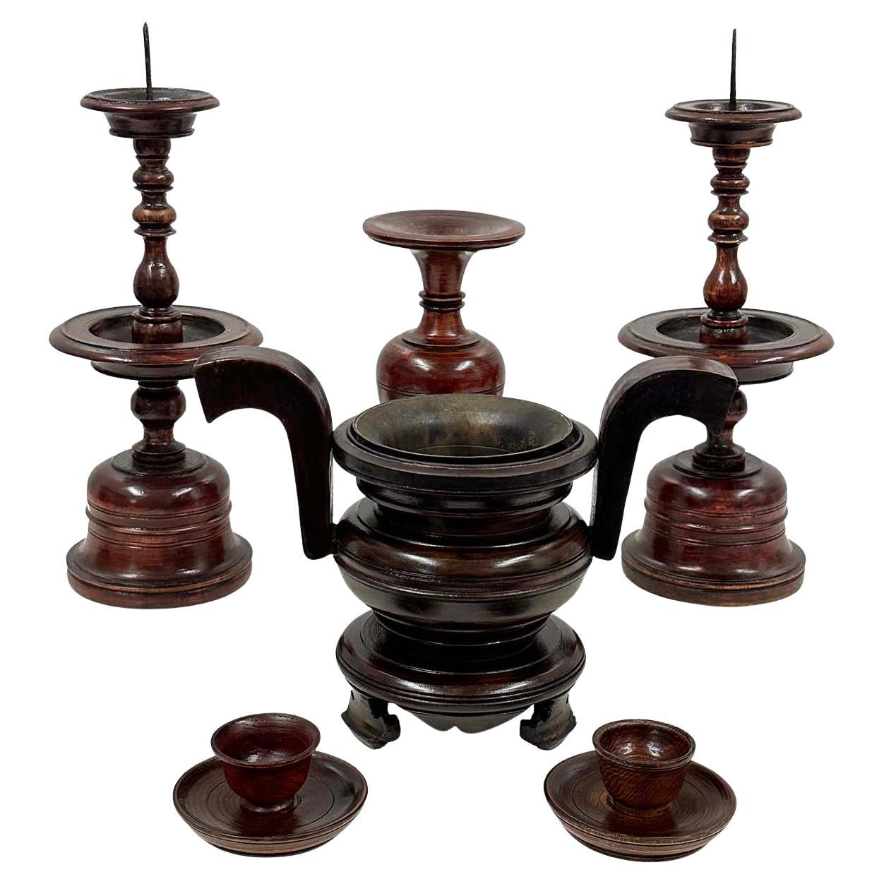 Vintage Chinese 6 pieces Wooden Buddhist Offering Set For Sale