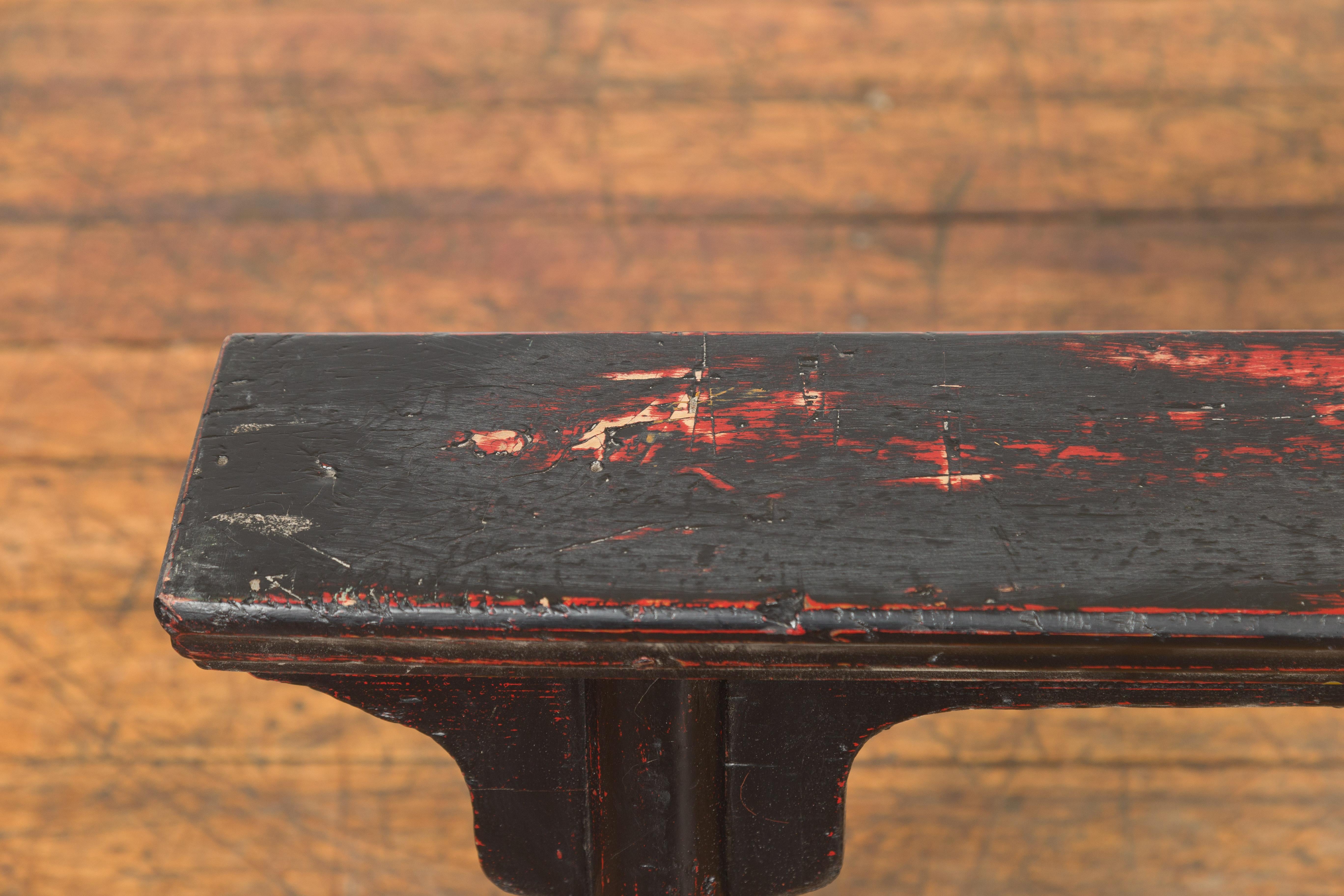 Black Vintage Bench Stool with Red Accents  For Sale 3