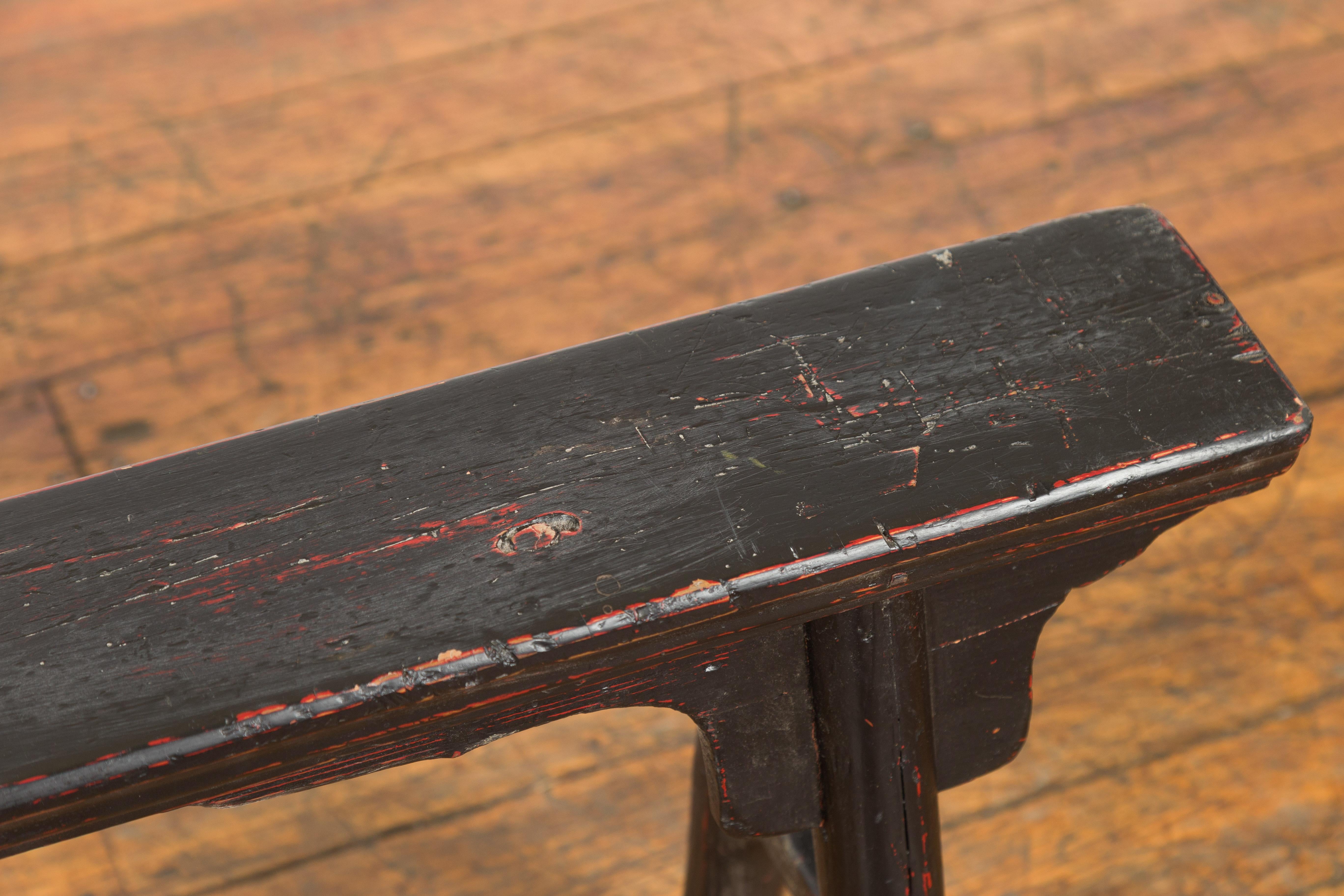 Black Vintage Bench Stool with Red Accents  For Sale 5
