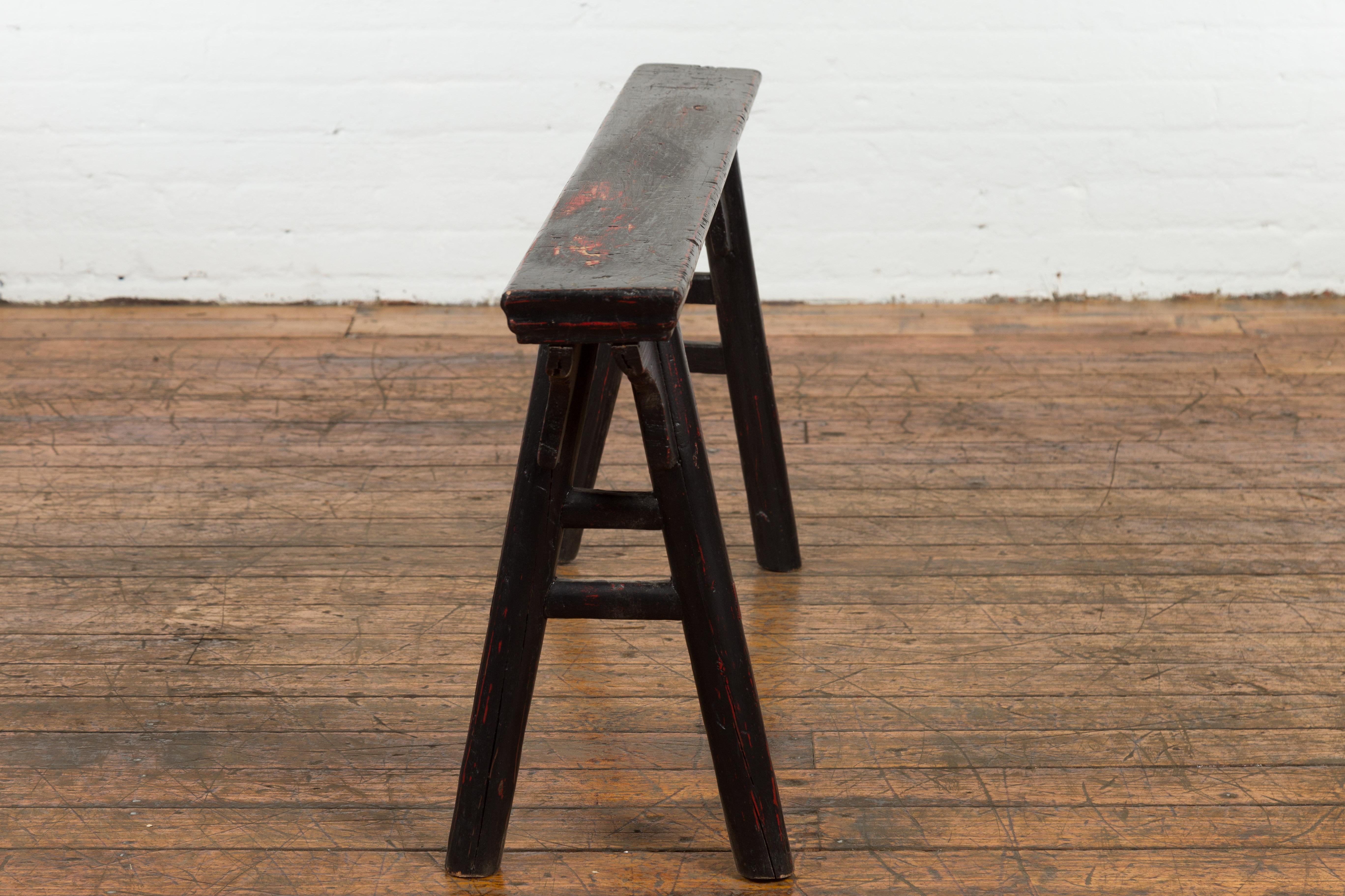 Black Vintage Bench Stool with Red Accents  For Sale 9
