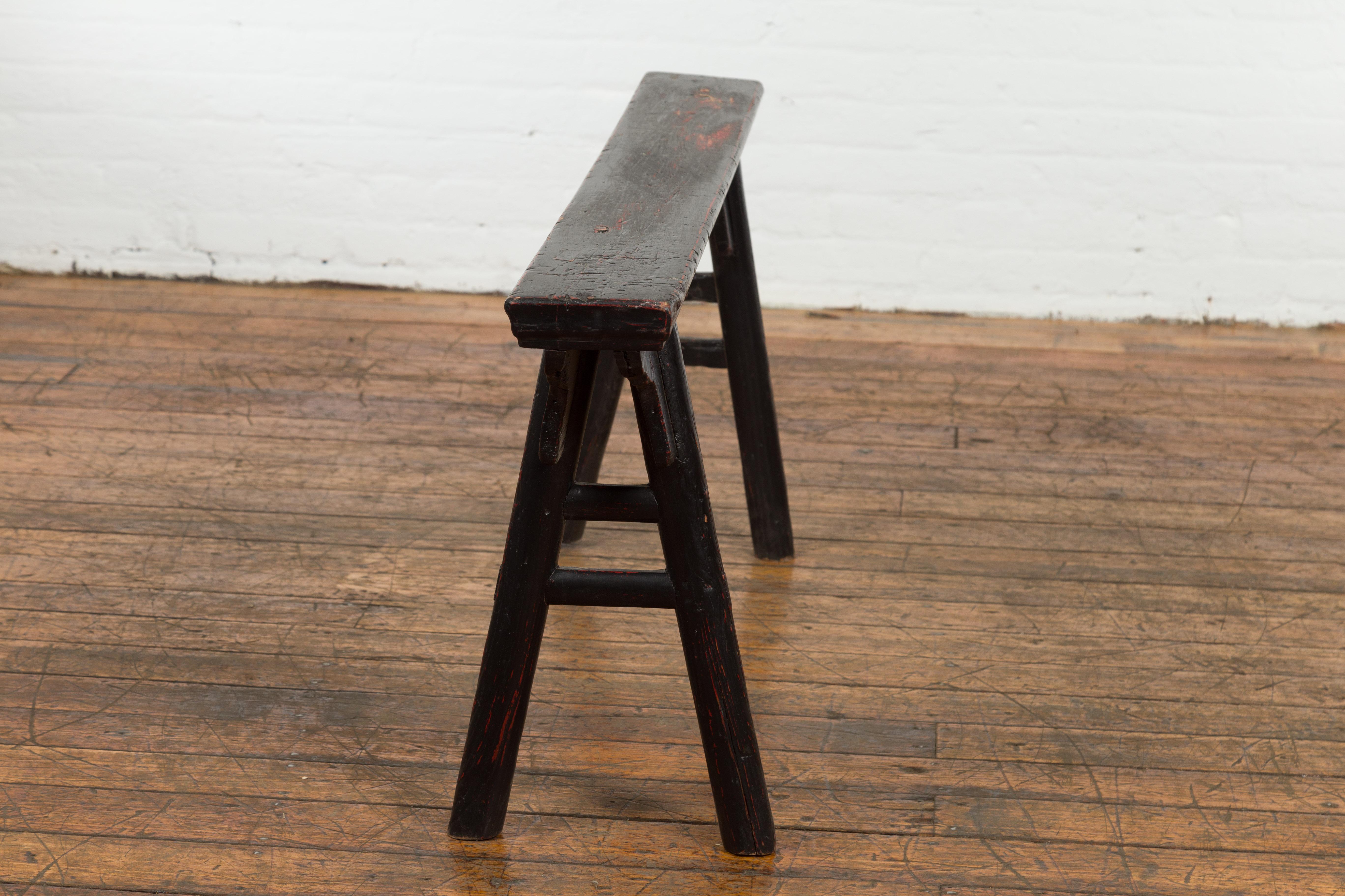 Black Vintage Bench Stool with Red Accents  For Sale 11