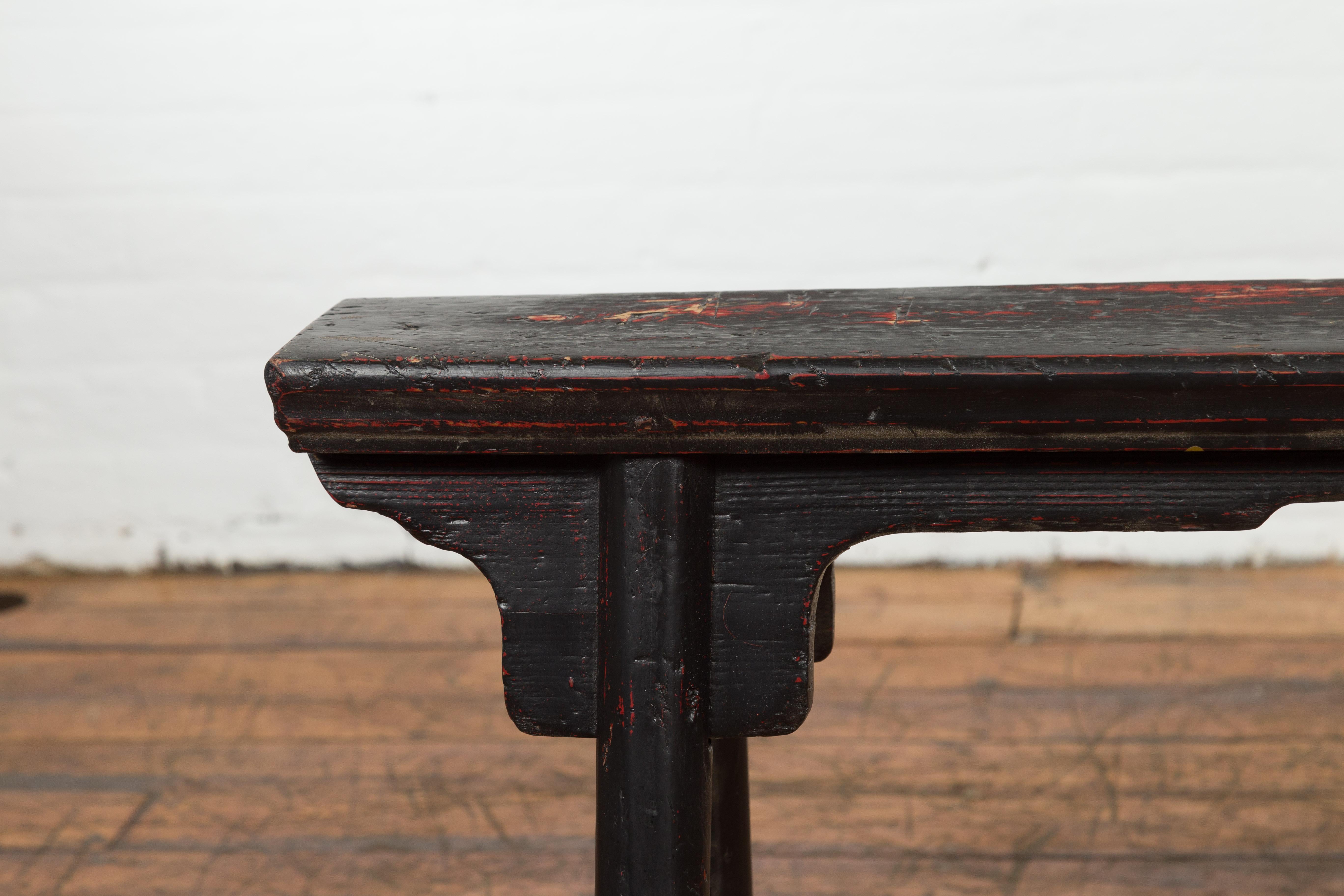 20th Century Black Vintage Bench Stool with Red Accents  For Sale