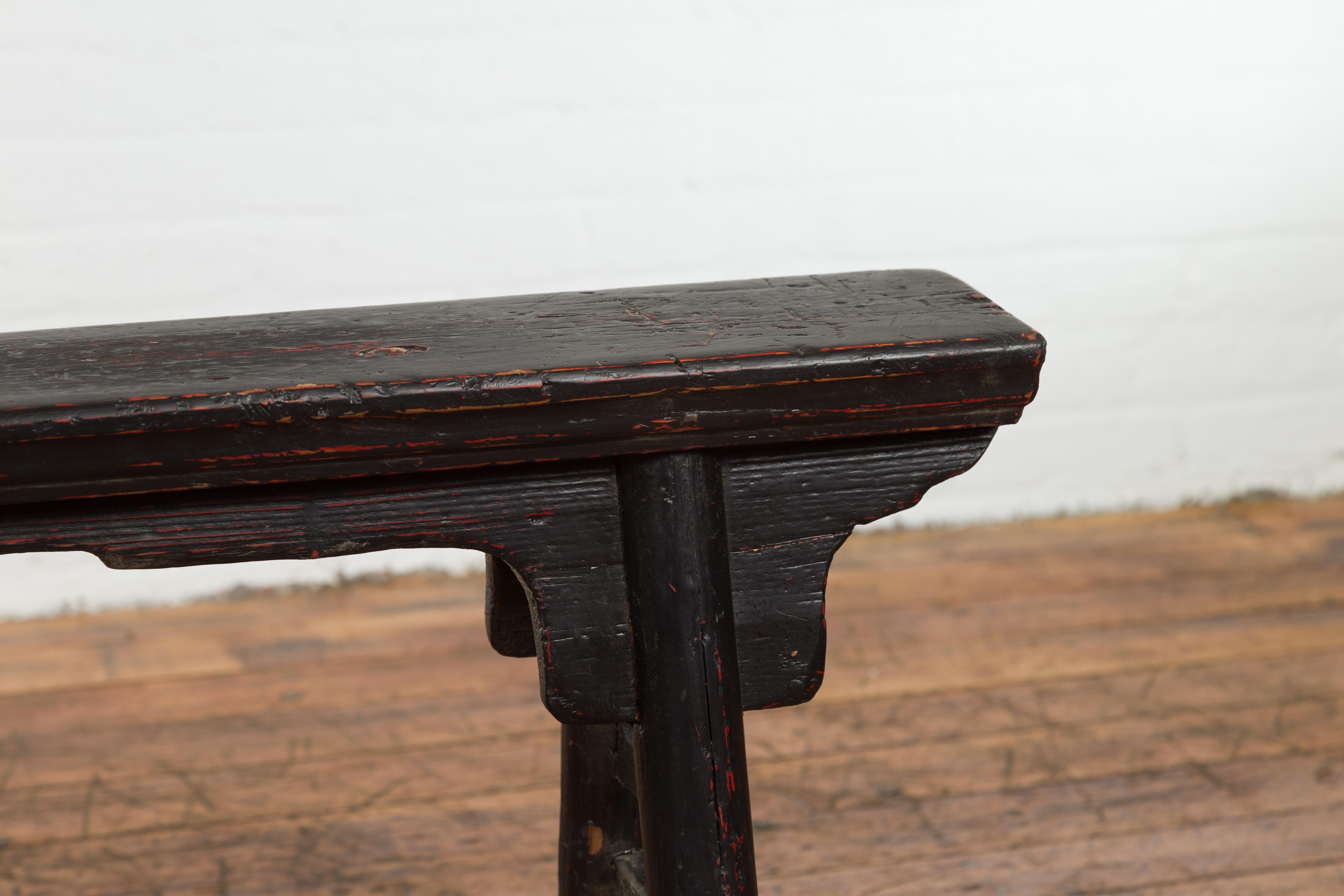 Wood Black Vintage Bench Stool with Red Accents  For Sale
