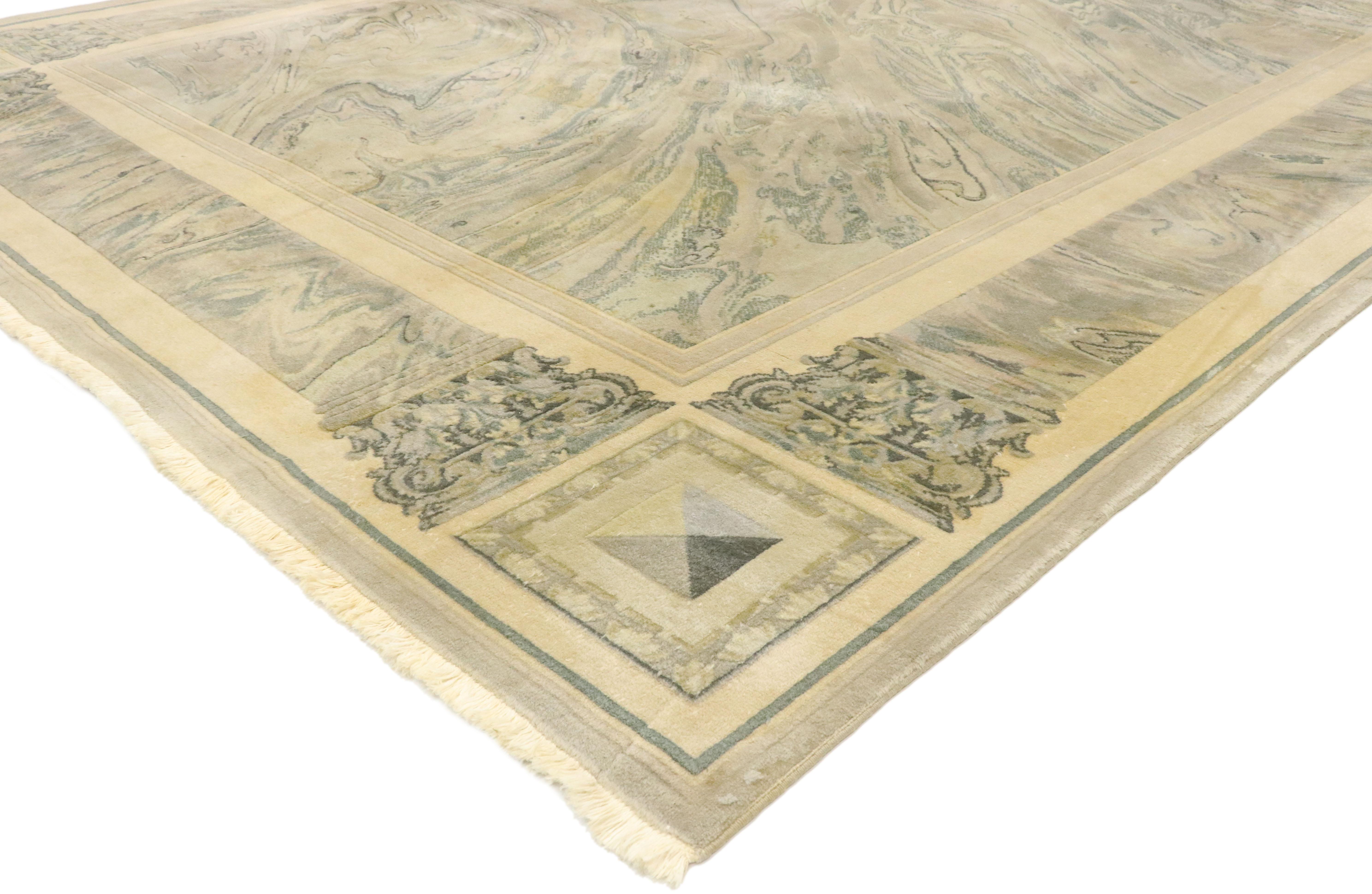 77455, tapis chinois vintage abstrait en marbre avec style baroque néoclassique moderne 08'00 x 11'04. La beauté et la simplicité sans effort se mêlent à des vibrations douces et sur mesure dans un style néoclassique moderne pour ce tapis chinois
