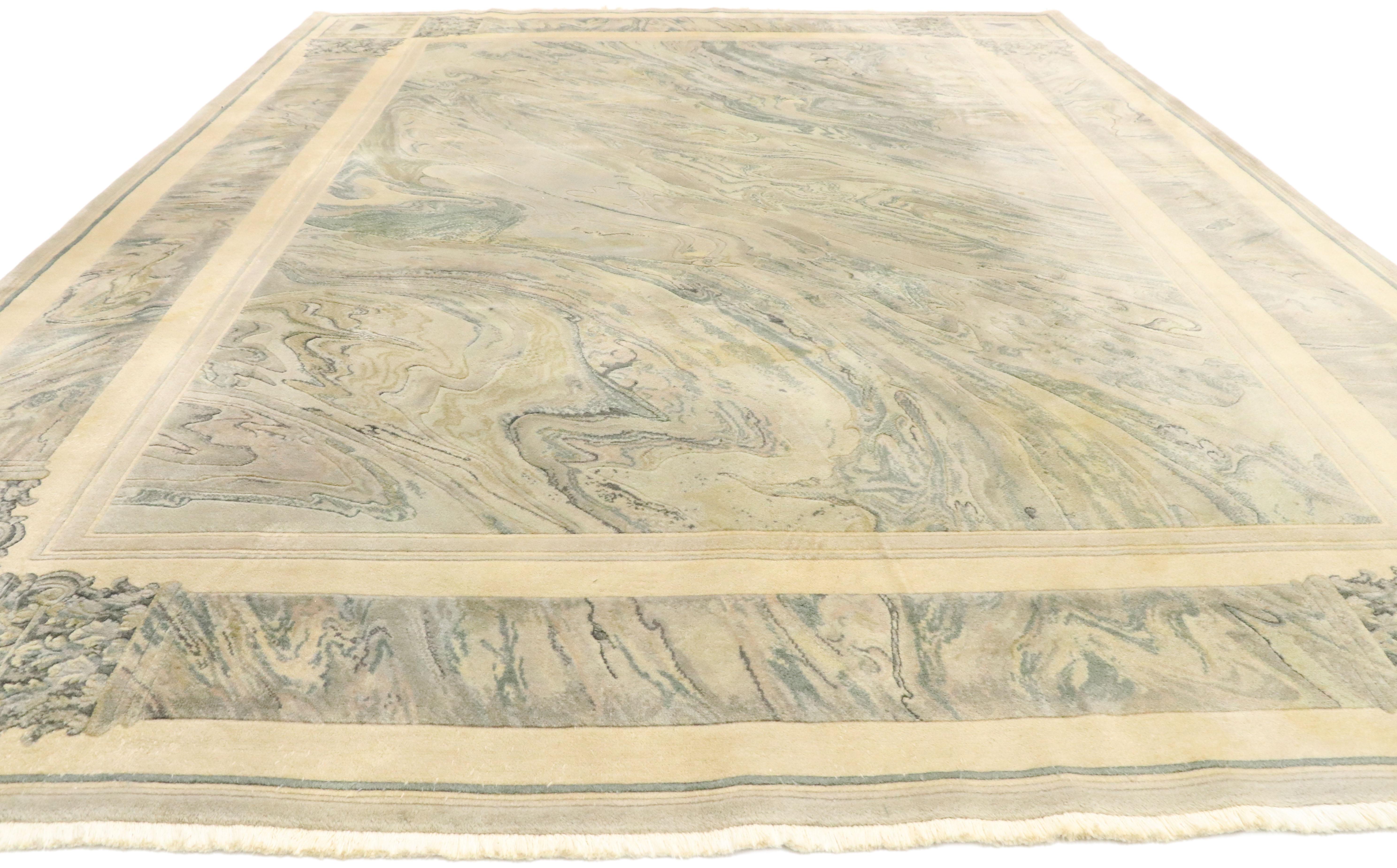 Hand-Knotted Vintage Chinese Abstract Marble Print Rug with Modern Neoclassical Baroque Style For Sale