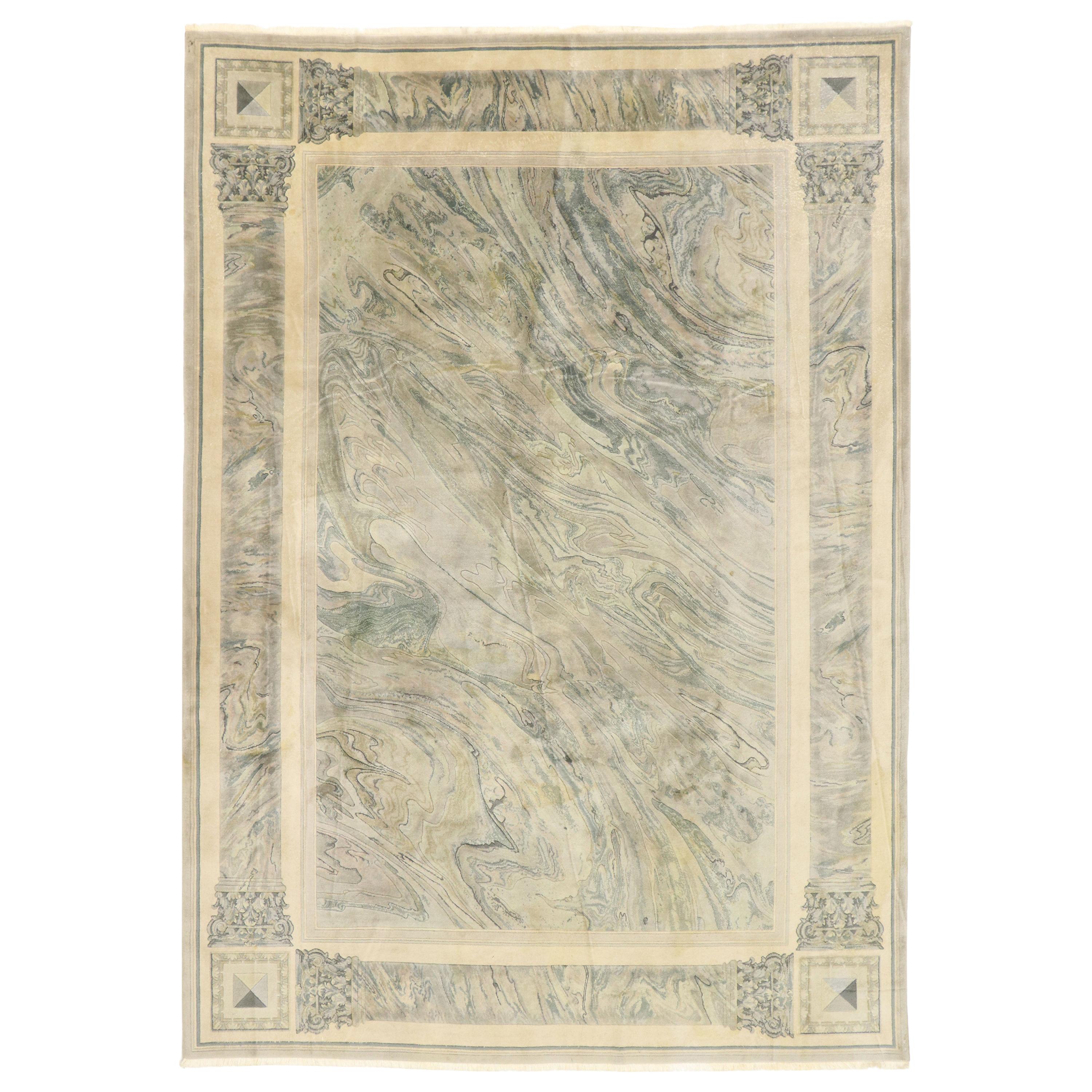 Vintage Chinese Abstract Marble Print Rug with Modern Neoclassical Baroque Style For Sale