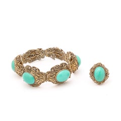 Vintage Chinese Adjustable Türkis Ring & Armband in Gold gewaschen Sterling