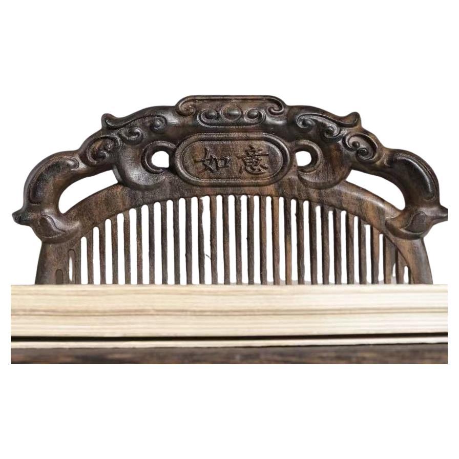 Vintage Chinese Agarwood Carving Auspicious Patterns Characters Comb
